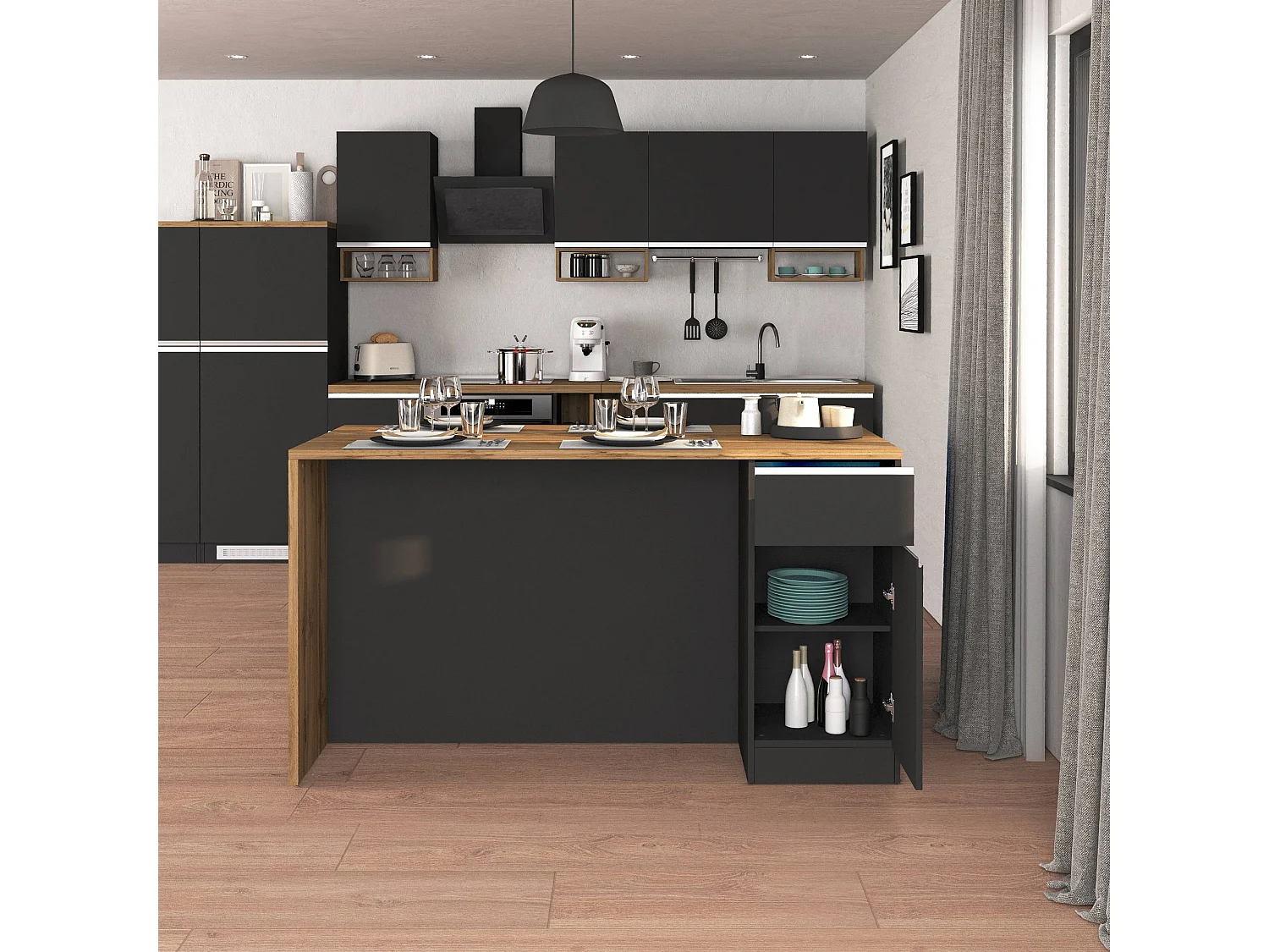 Isola da cucina Sole a 2 ante e 2 cassetti antracite opaco/rovere 160x90x90 cm