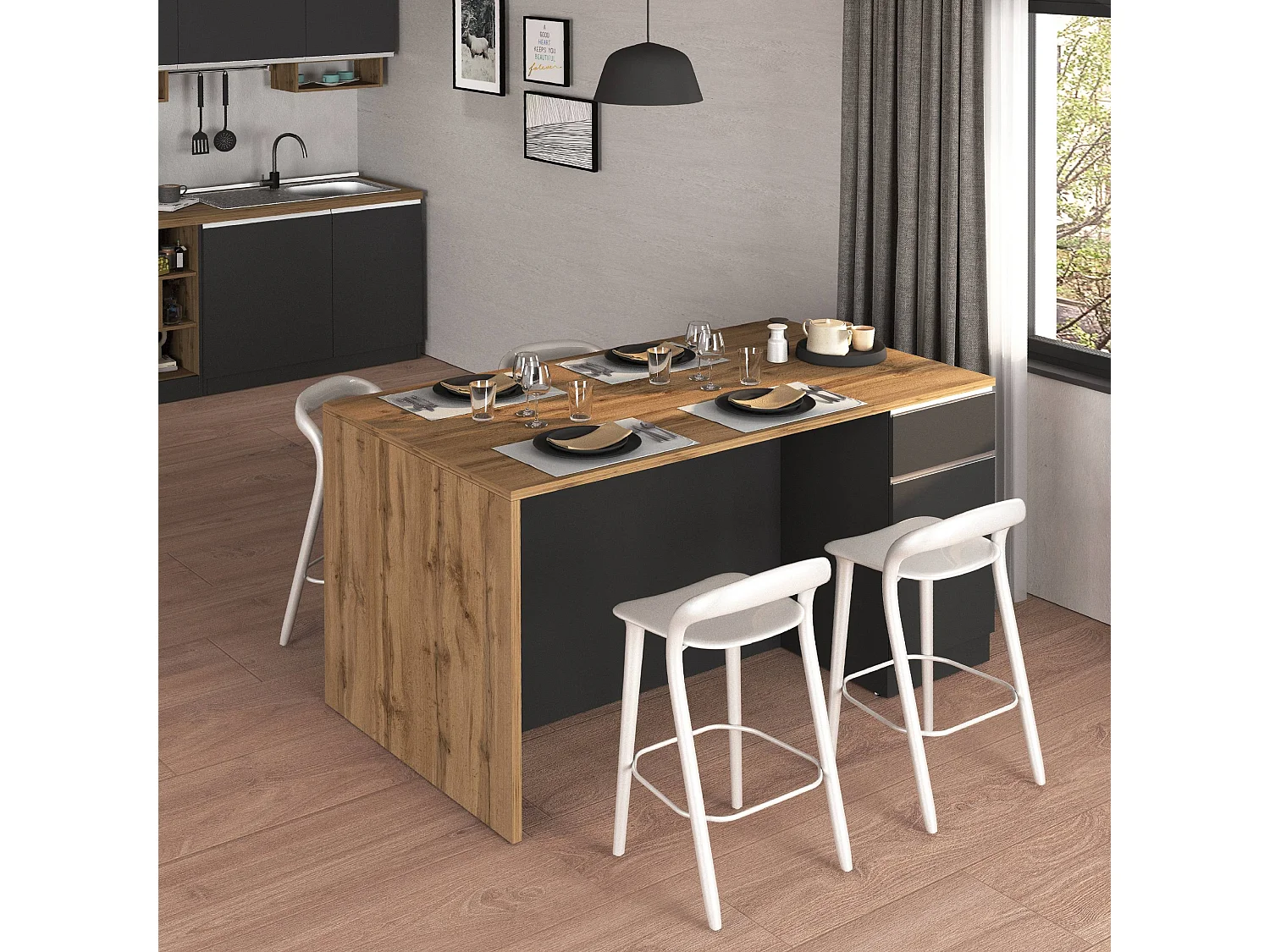 Isola da cucina Sole a 2 ante e 2 cassetti antracite opaco/rovere 160x90x90 cm