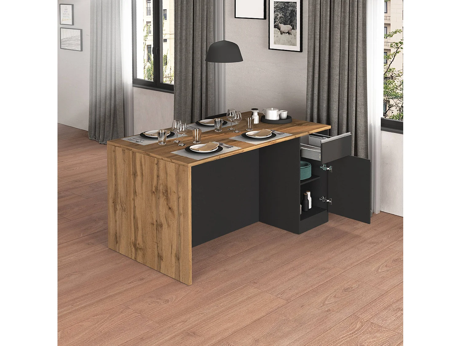 Isola da cucina Sole a 2 ante e 2 cassetti antracite opaco/rovere 160x90x90 cm