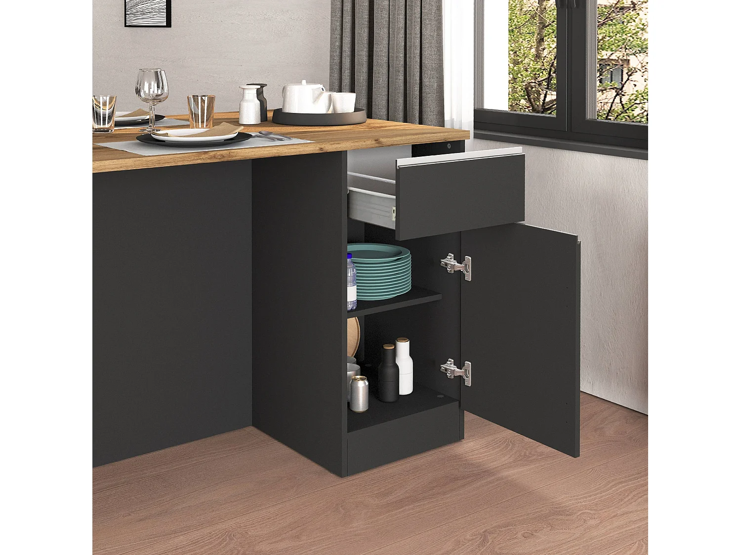 Isola da cucina Sole a 2 ante e 2 cassetti antracite opaco/rovere 160x90x90 cm