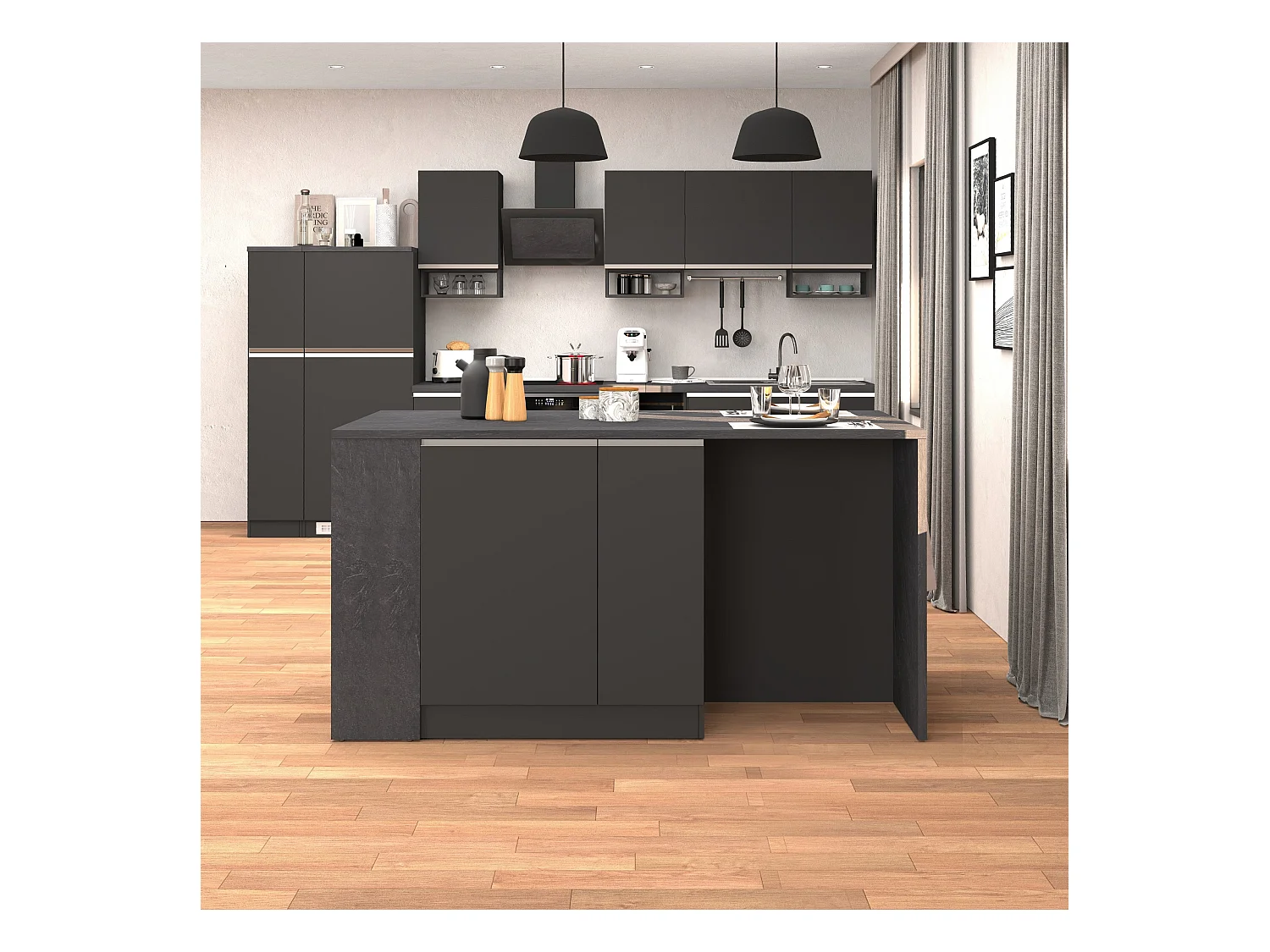 Isola da cucina Sole 2 ante 2 cassetti e 1 scaffale antracite opaco/report 168x90x91 cm