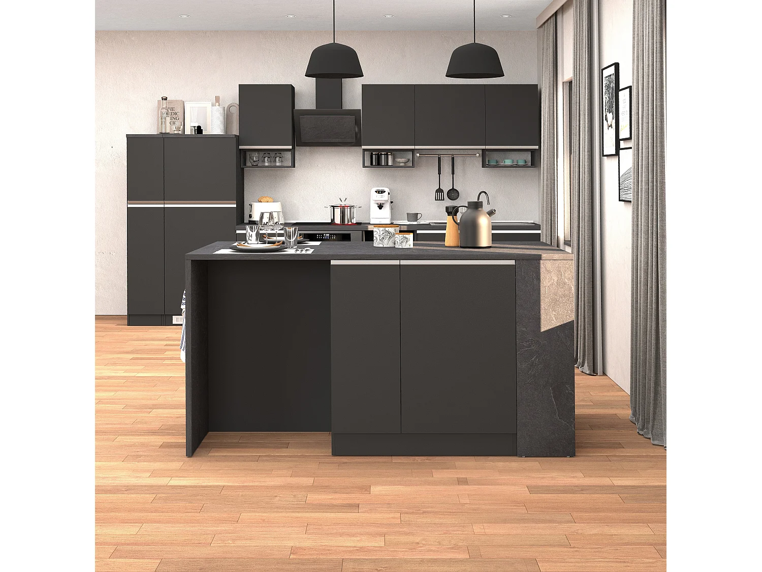 Isla de cocina Sole con 2 puertas, 2 cajones y 1 estante, color antracita mate/report, 168 x 90 x 91 cm