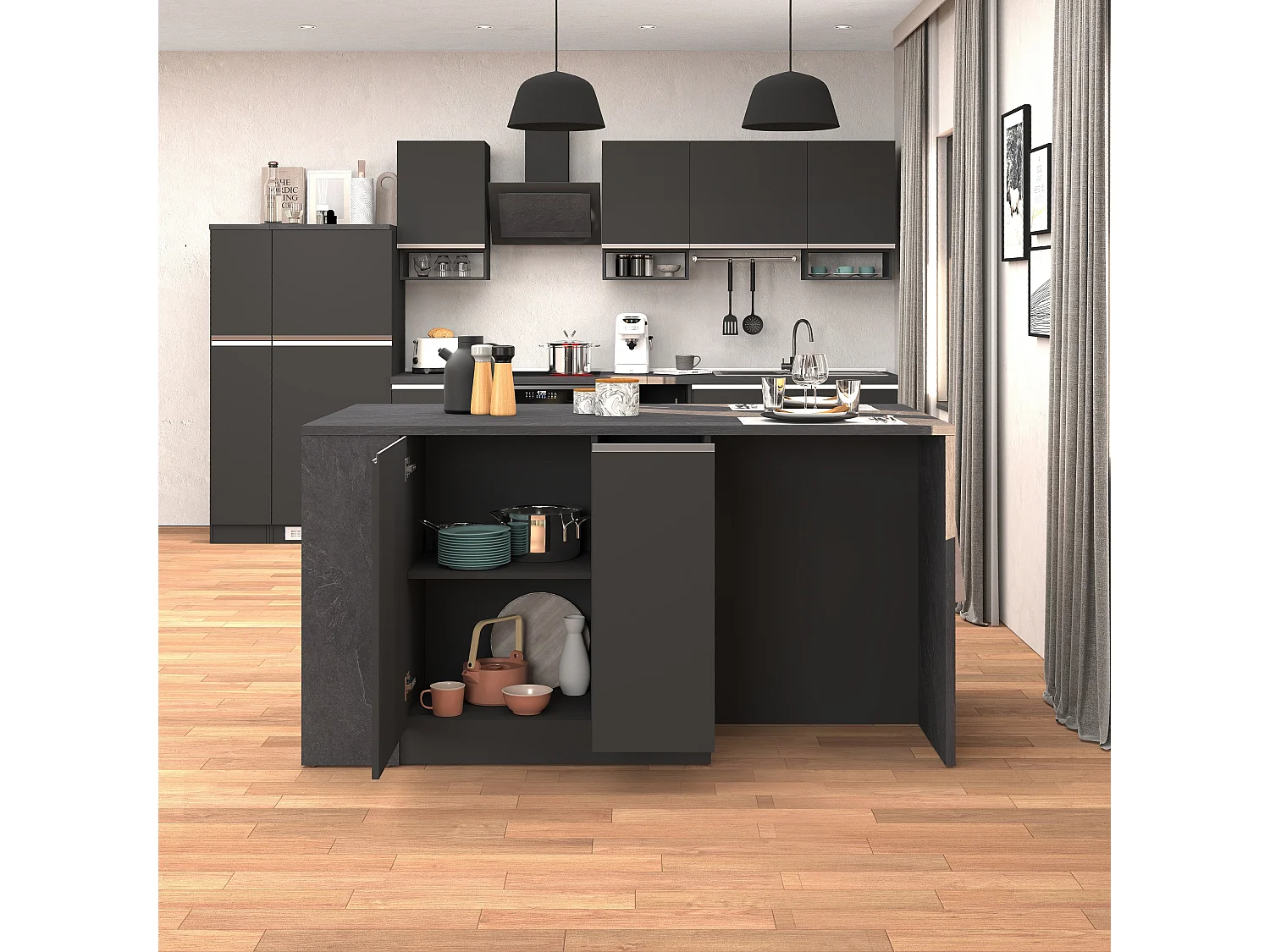 Isla de cocina Sole con 2 puertas, 2 cajones y 1 estante, color antracita mate/report, 168 x 90 x 91 cm