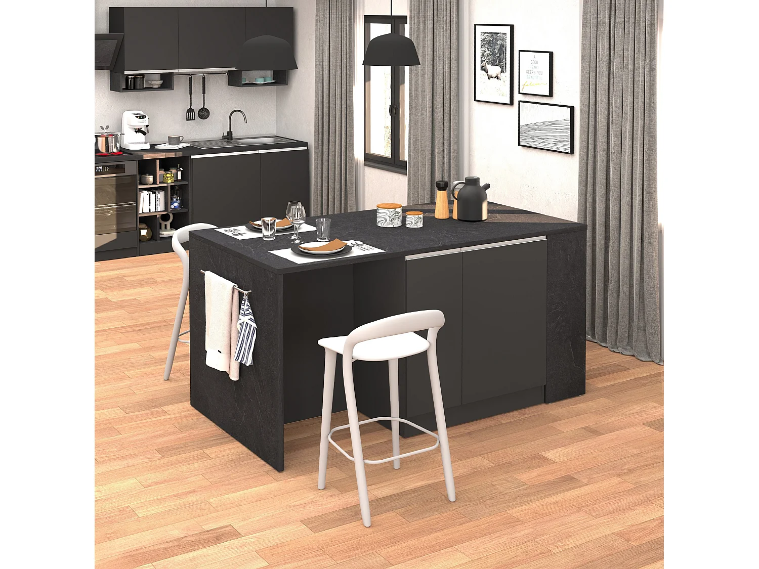 Isla de cocina Sole con 2 puertas, 2 cajones y 1 estante, color antracita mate/report, 168 x 90 x 91 cm