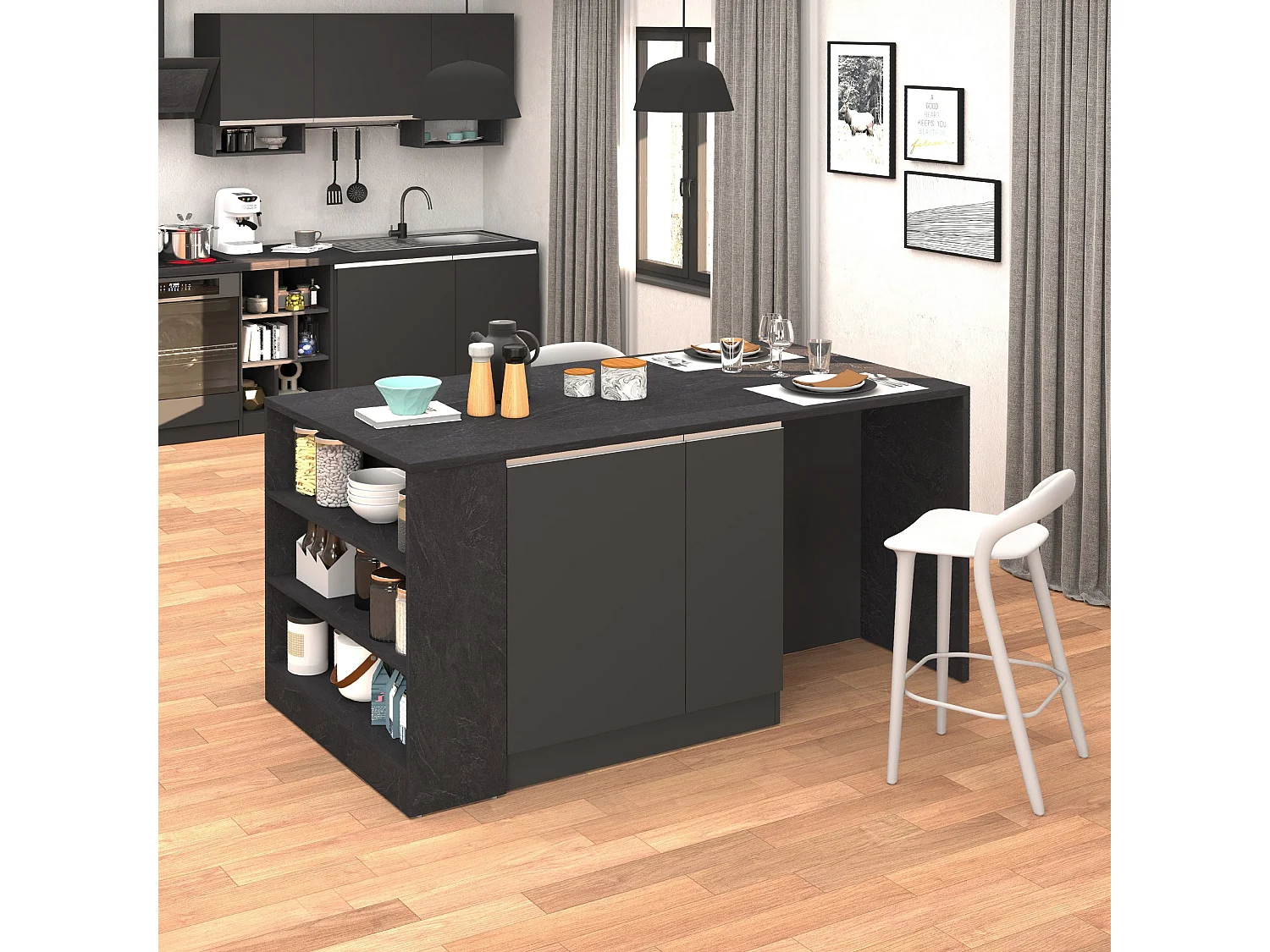 Isla de cocina Sole con 2 puertas, 2 cajones y 1 estante, color antracita mate/report, 168 x 90 x 91 cm