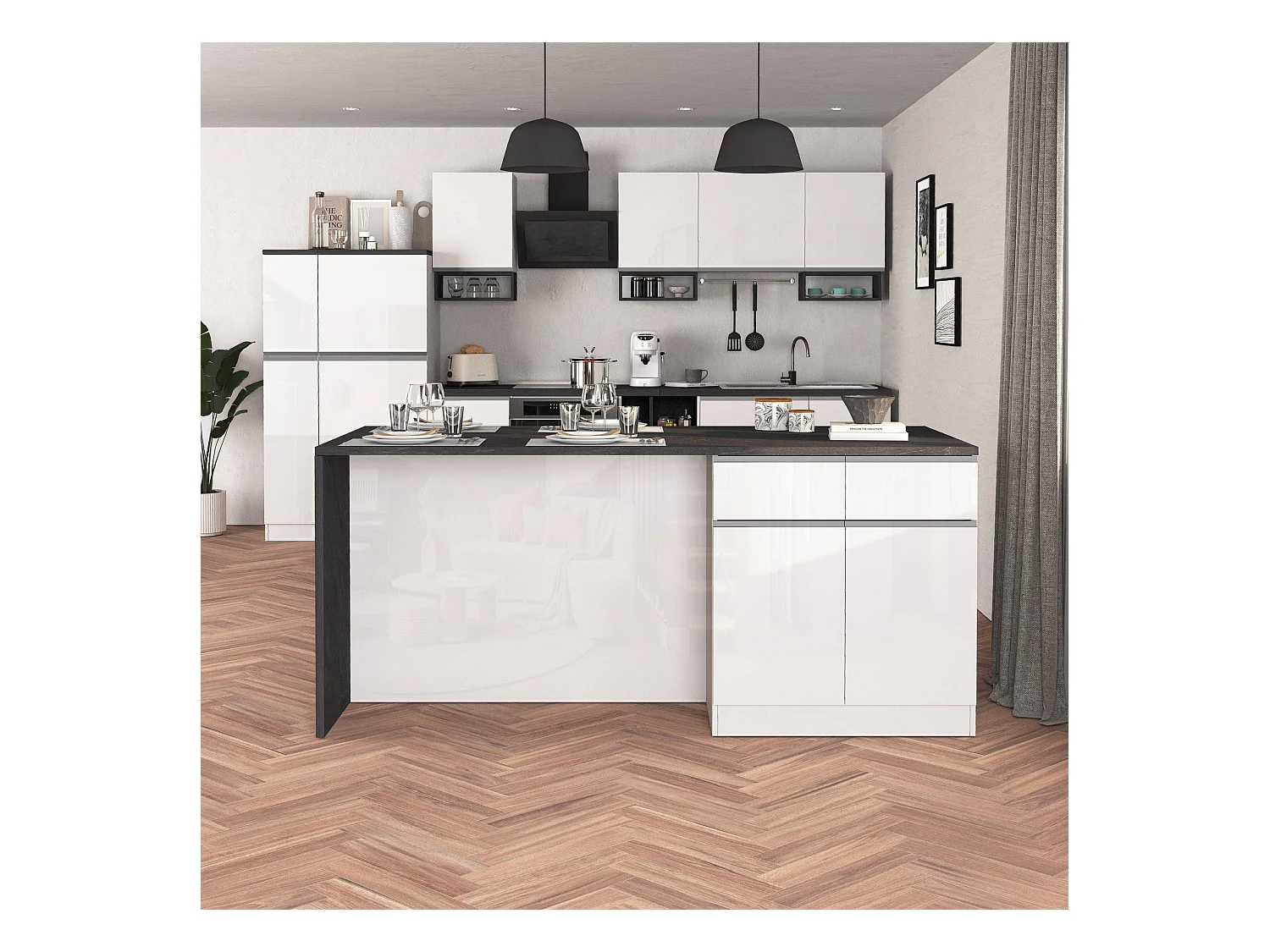 Isola da cucina Sole a 4 ante e 4 cassetti bianco lucido e report 200x90x90 cm