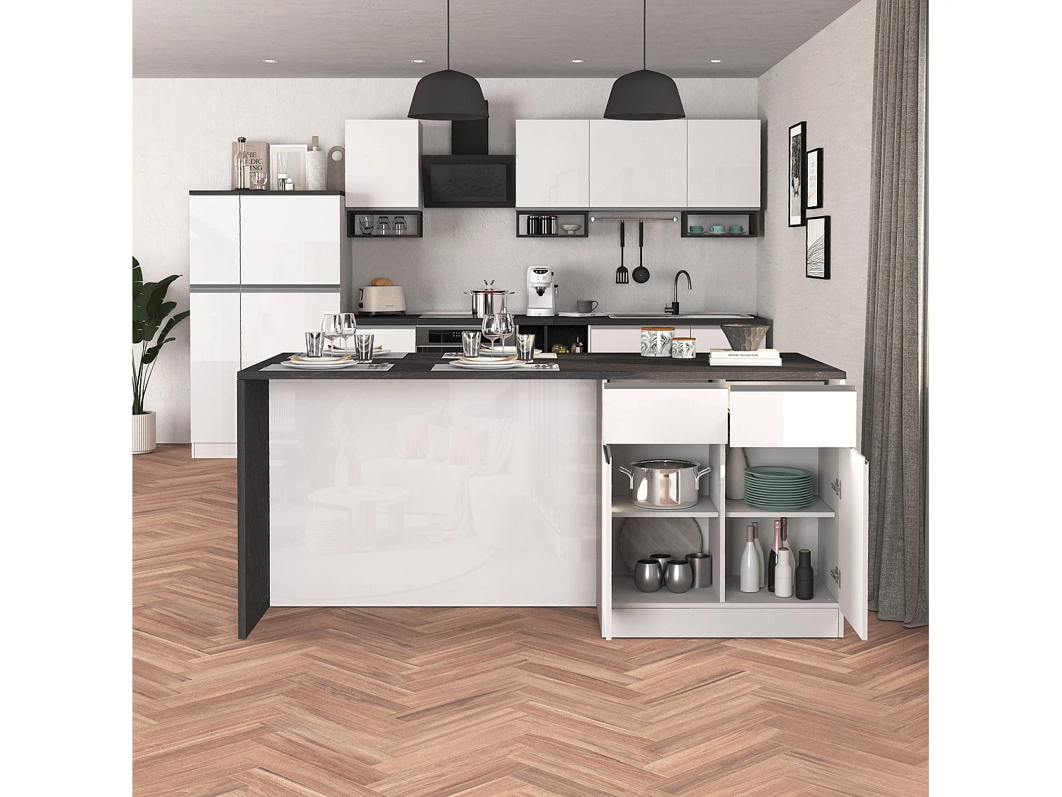 Isola da cucina Sole a 4 ante e 4 cassetti bianco lucido e report 200x90x90 cm