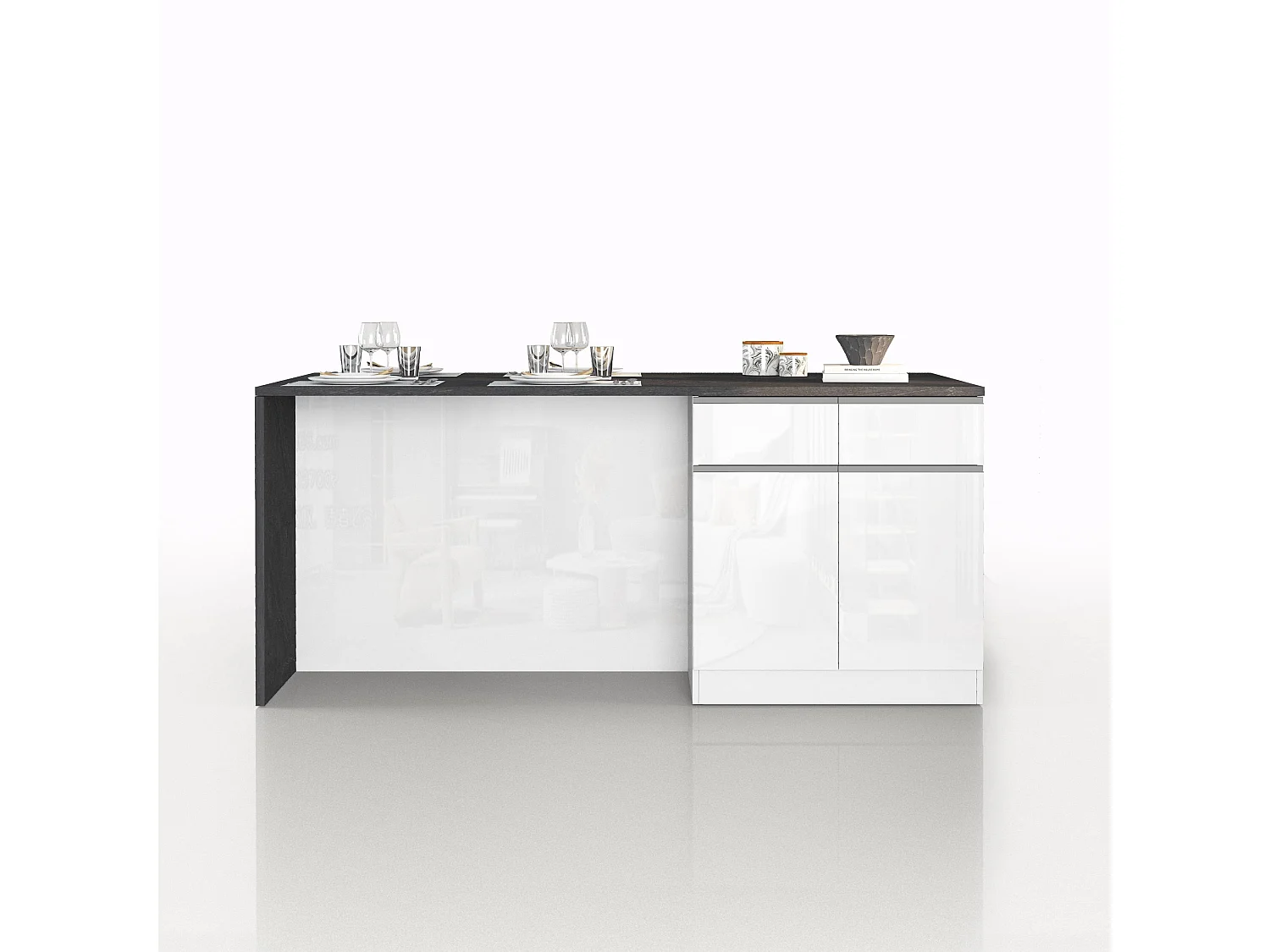 Isola da cucina Sole a 4 ante e 4 cassetti bianco lucido e report 200x90x90 cm