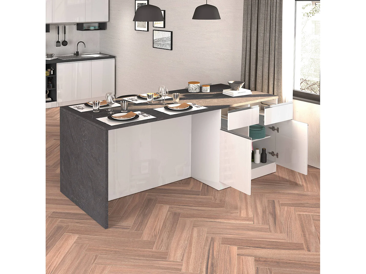 Isola da cucina Sole a 4 ante e 4 cassetti bianco lucido e report 200x90x90 cm