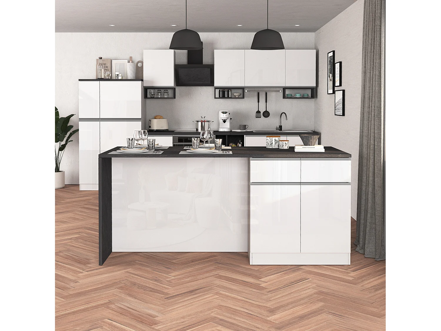 Isola da cucina Sole a 4 ante e 4 cassetti bianco lucido e report 200x90x90 cm