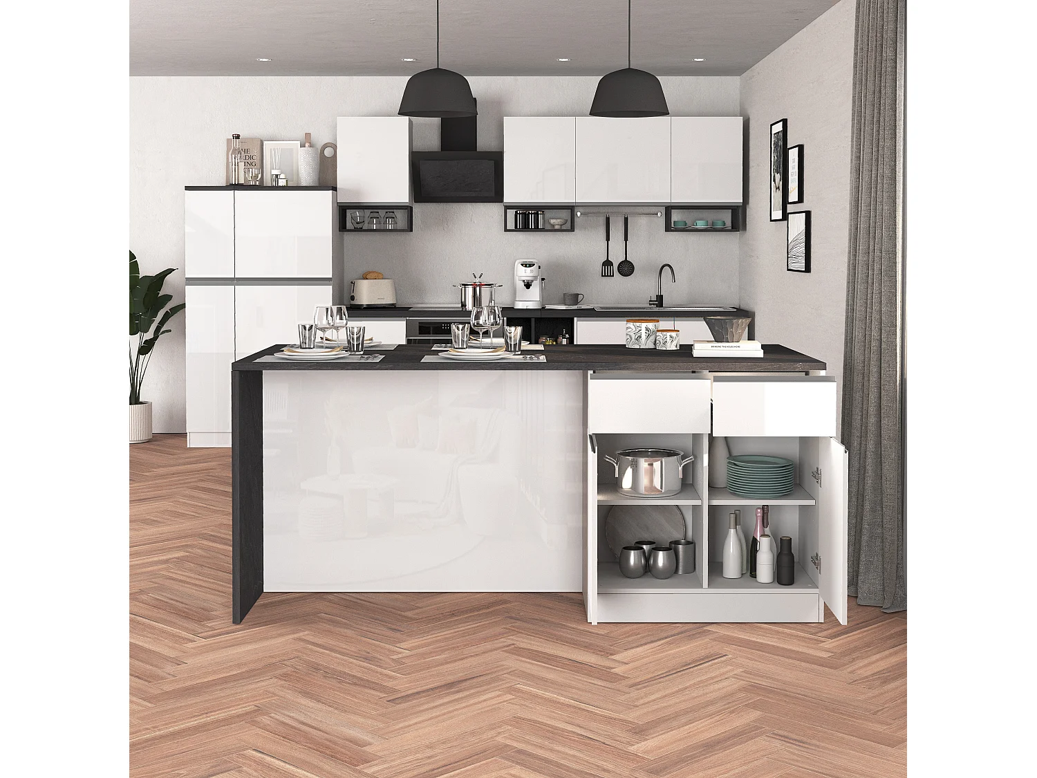 Isola da cucina Sole a 4 ante e 4 cassetti bianco lucido e report 200x90x90 cm