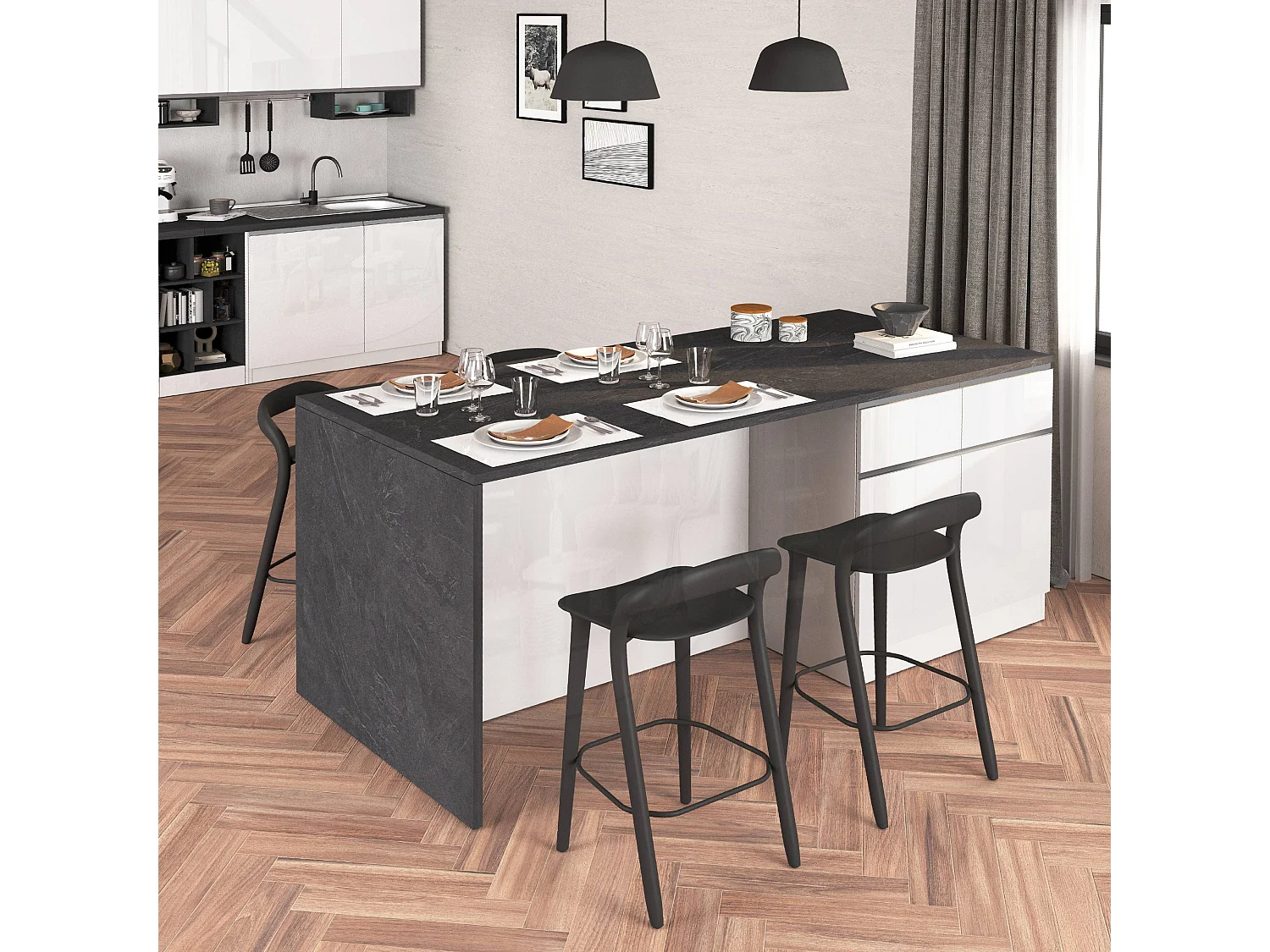 Isola da cucina Sole a 4 ante e 4 cassetti bianco lucido e report 200x90x90 cm