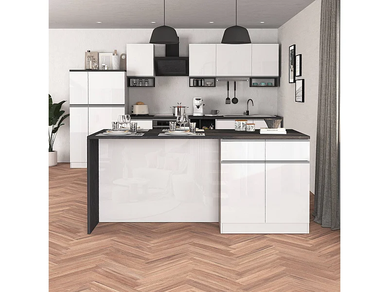 Isola da cucina Sole a 4 ante e 4 cassetti bianco lucido e report 200x90x90 cm