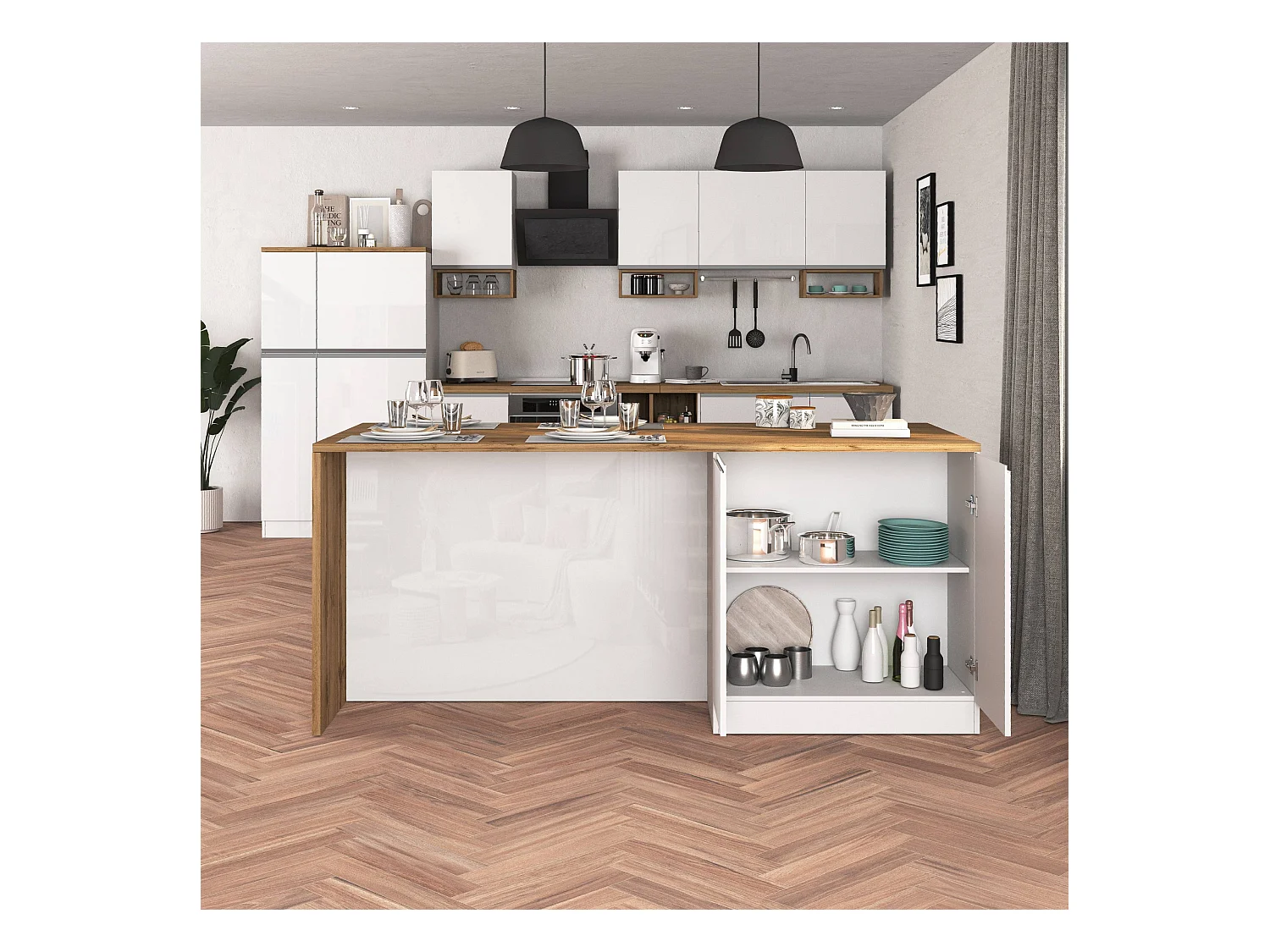 Isola da cucina Sole a 4 ante bianco lucido e rovere 200x90x90 cm