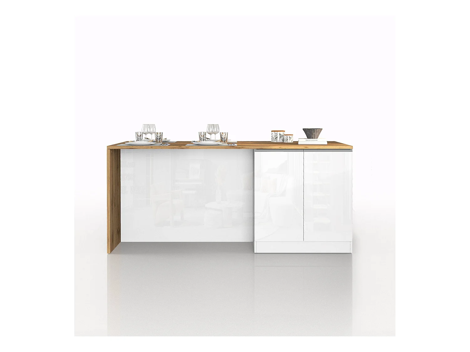 Isola da cucina Sole a 4 ante bianco lucido e rovere 200x90x90 cm