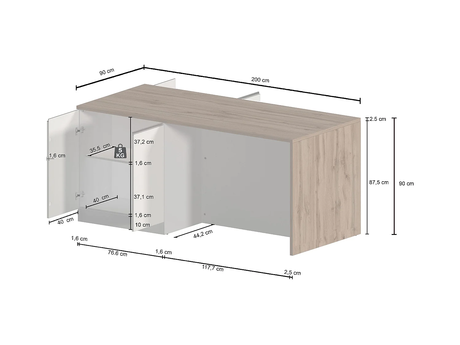 Isola da cucina Sole a 4 ante bianco lucido e rovere 200x90x90 cm