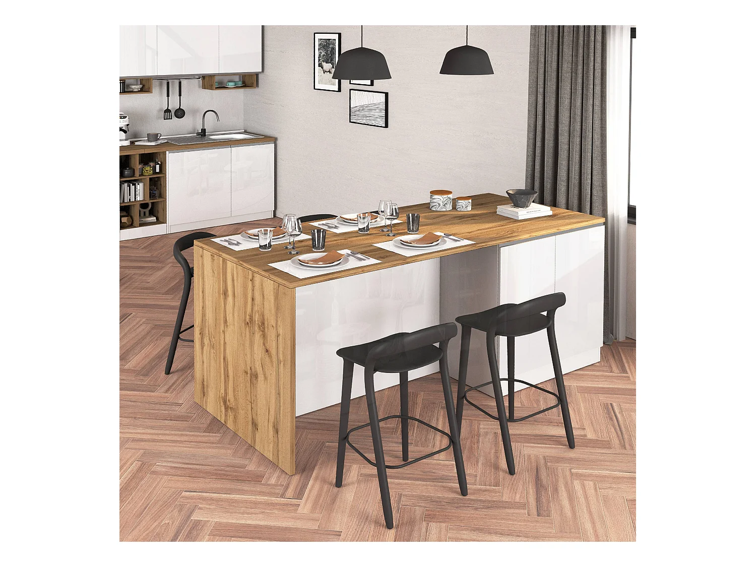 Isola da cucina Sole a 4 ante bianco lucido e rovere 200x90x90 cm