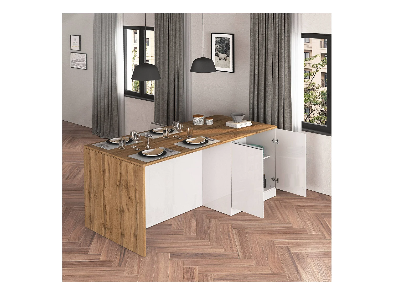 Isola da cucina Sole a 4 ante bianco lucido e rovere 200x90x90 cm