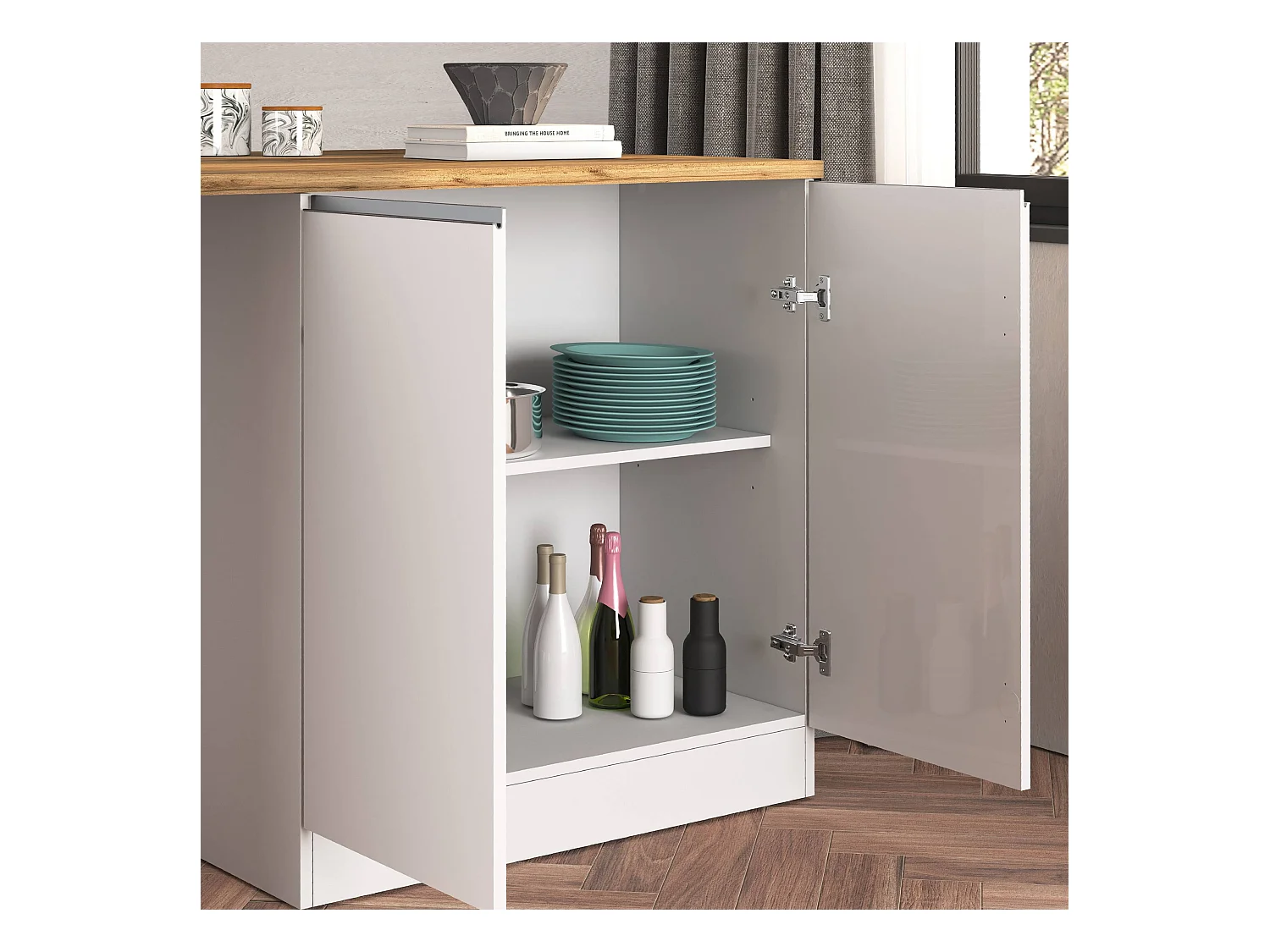 Isola da cucina Sole a 4 ante bianco lucido e rovere 200x90x90 cm