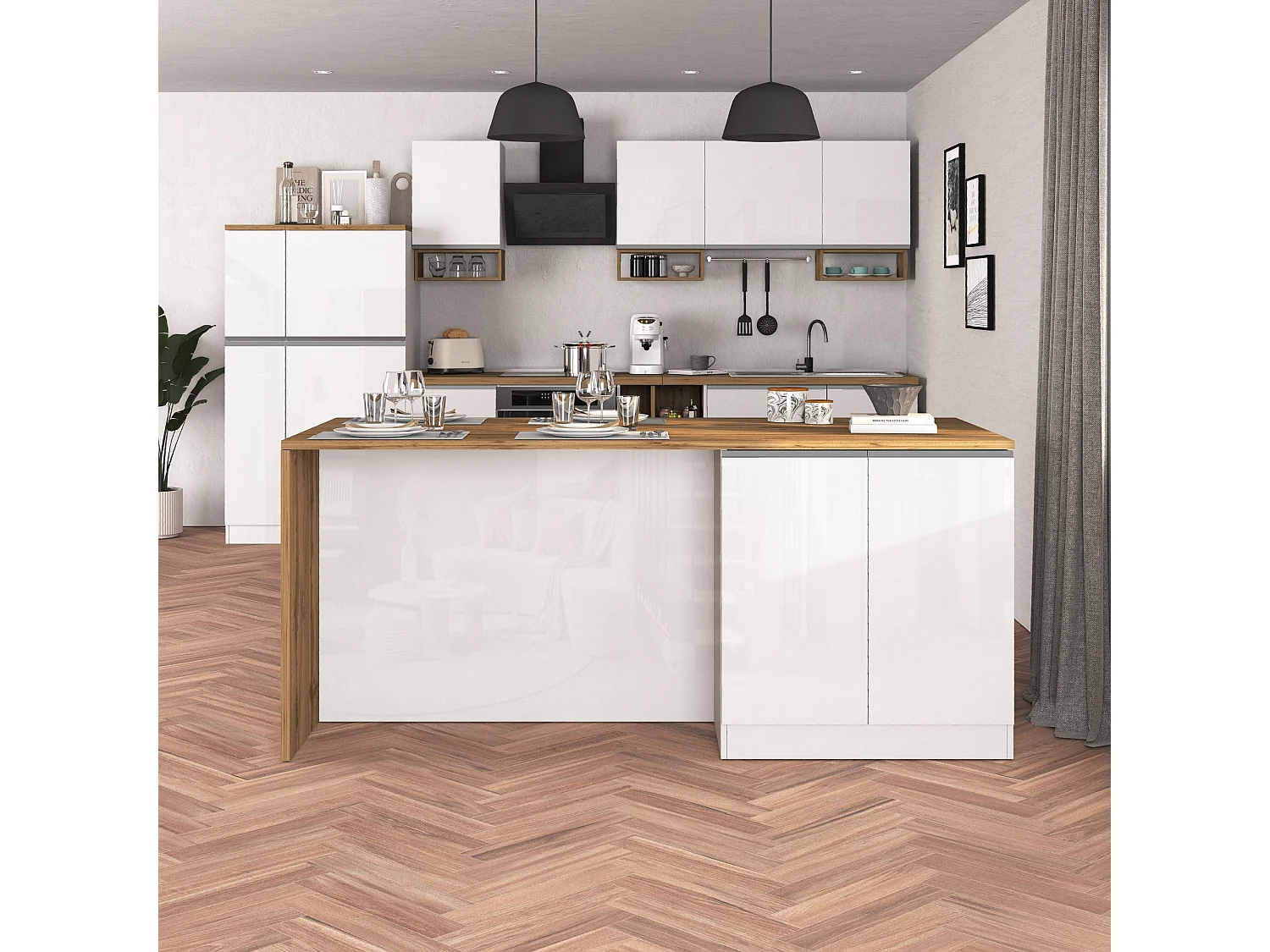 Isola da cucina Sole a 4 ante bianco lucido e rovere 200x90x90 cm