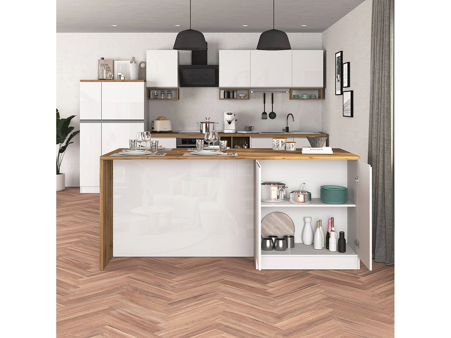 Isola da cucina Sole a 4 ante bianco lucido e rovere 200x90x90 cm