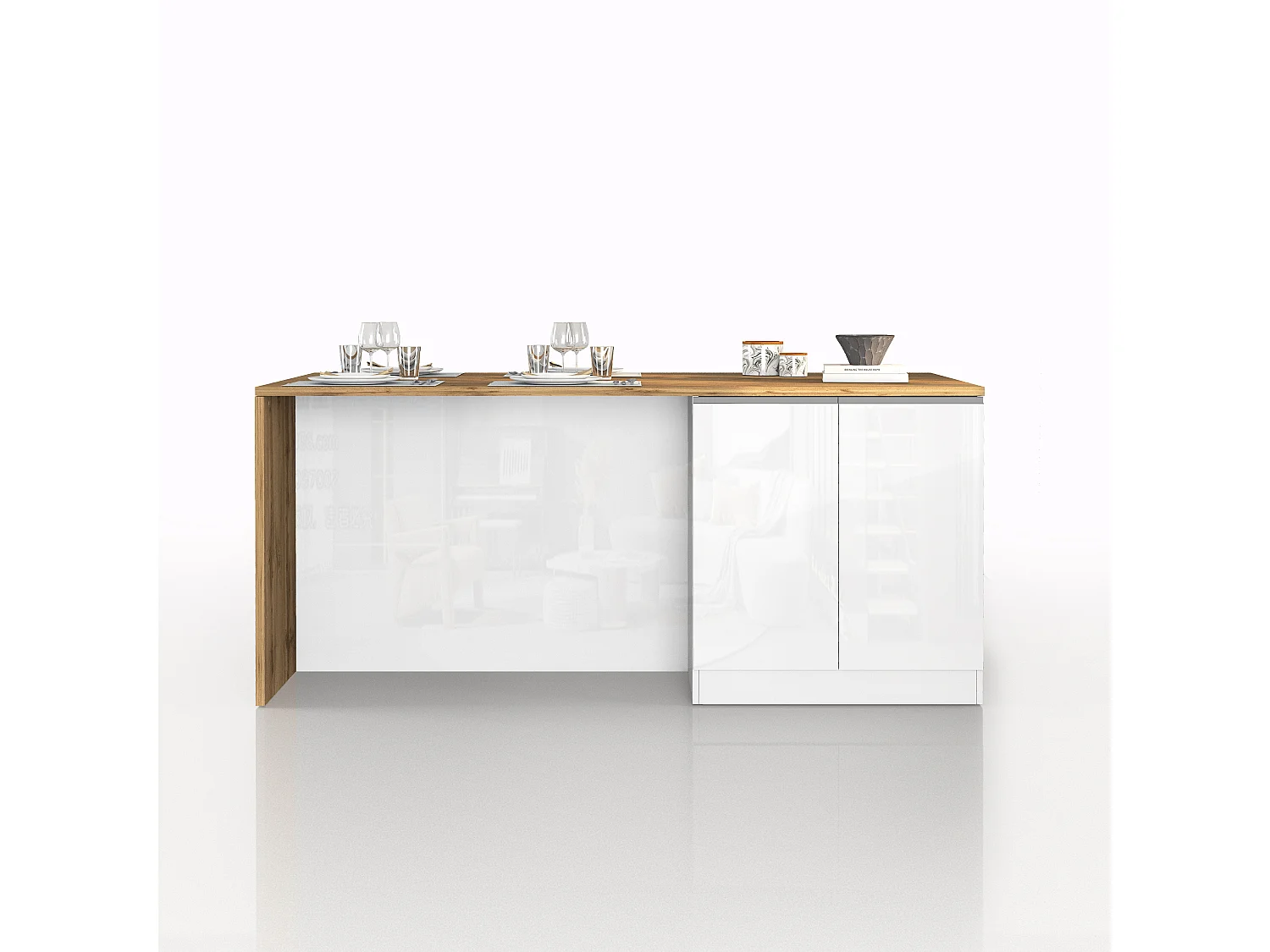 Îlot de cuisine Sole à 4 portes blanc brillant et chêne 200x90x90 cm