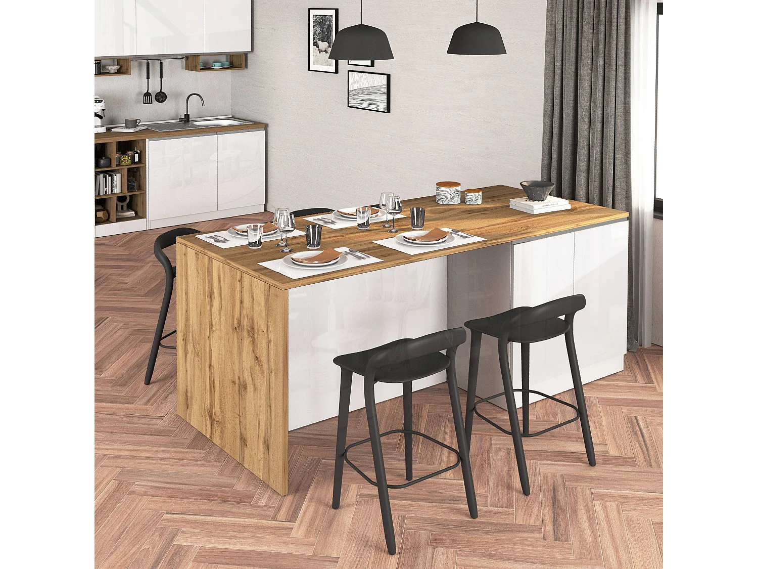 Îlot de cuisine Sole à 4 portes blanc brillant et chêne 200x90x90 cm