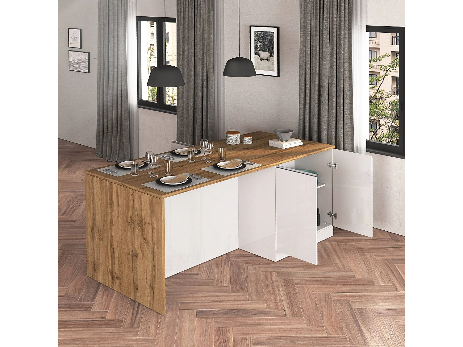 Îlot de cuisine Sole à 4 portes blanc brillant et chêne 200x90x90 cm