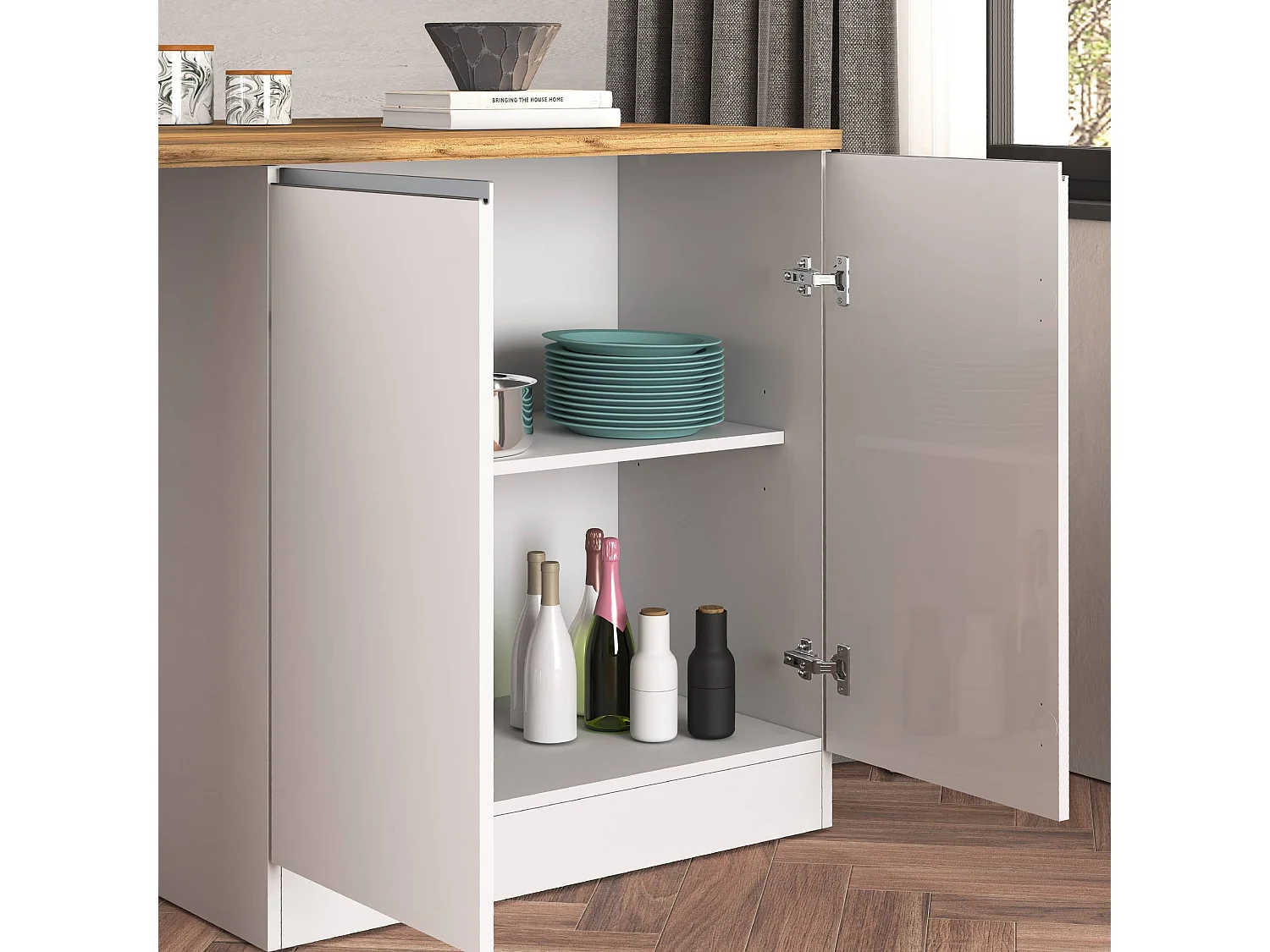 Îlot de cuisine Sole à 4 portes blanc brillant et chêne 200x90x90 cm