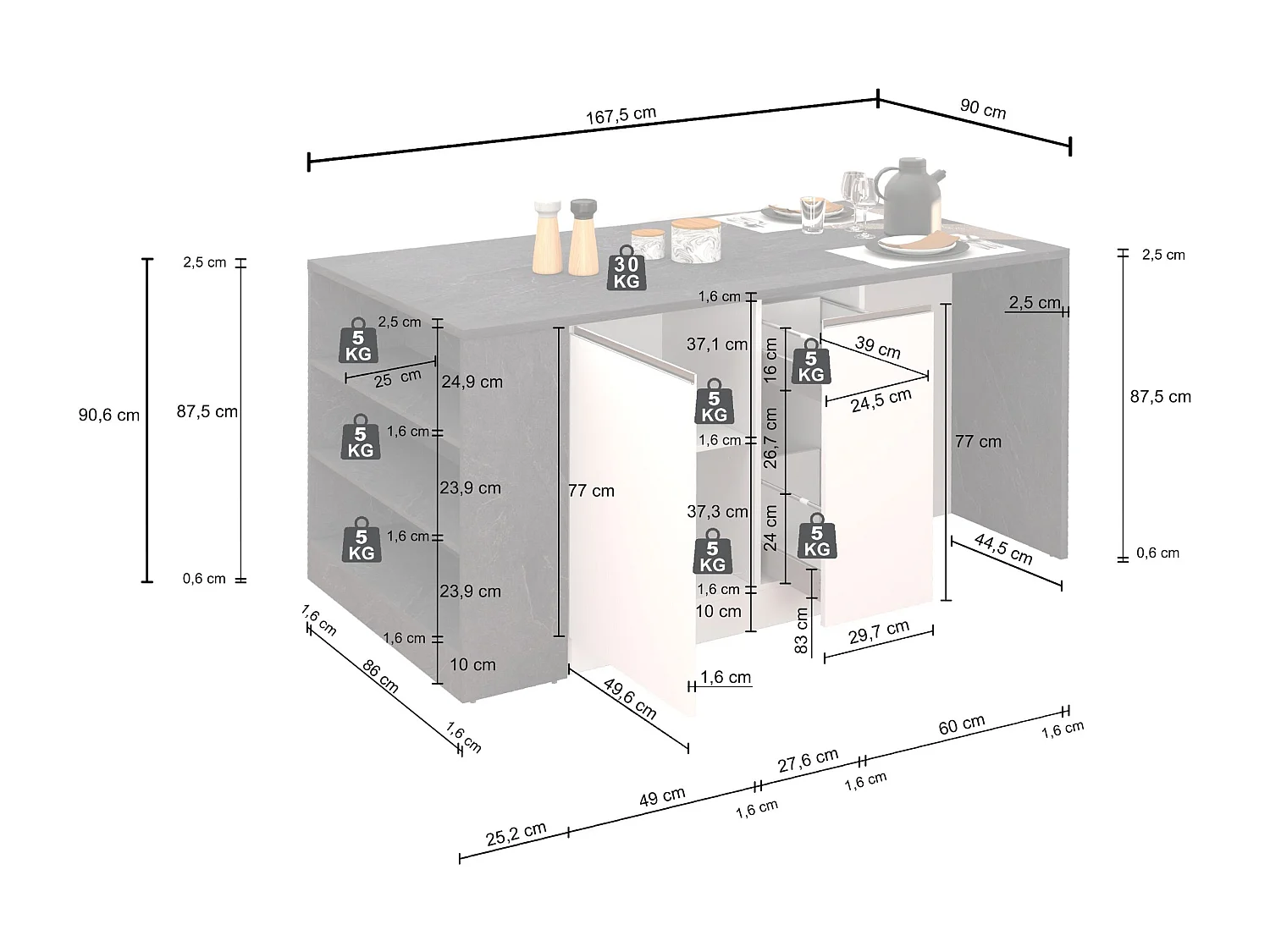 Isola da Cucina Effetto Legno Bianco Lucido/Report 168x90x91 cm