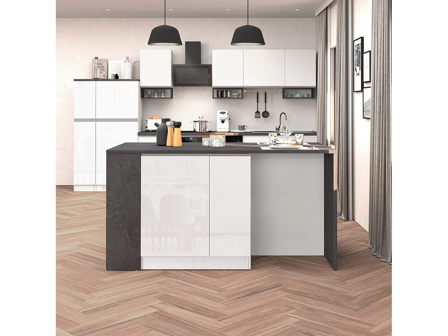 Isla de cocina efecto madera blanco brillo/report 168x90x91 cm