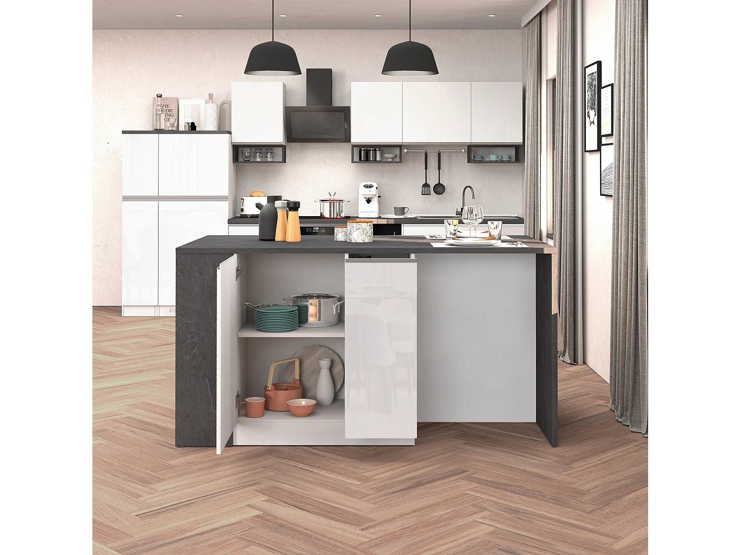 Isla de cocina efecto madera blanco brillo/report 168x90x91 cm