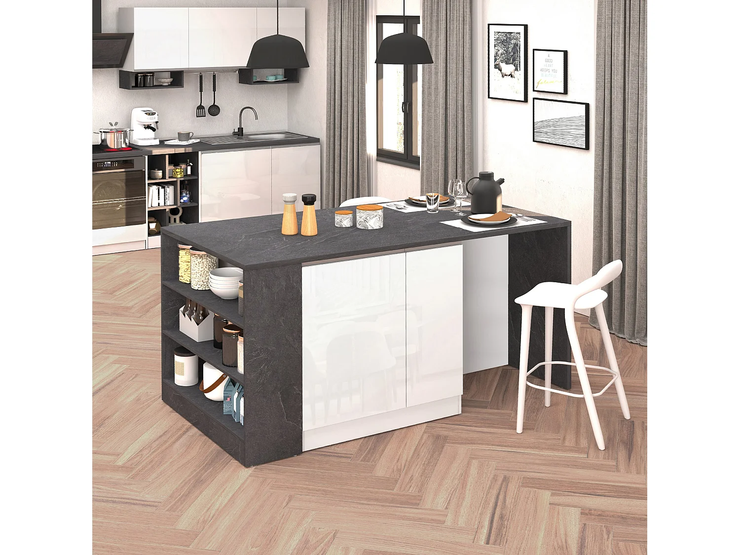 Isla de cocina efecto madera blanco brillo/report 168x90x91 cm