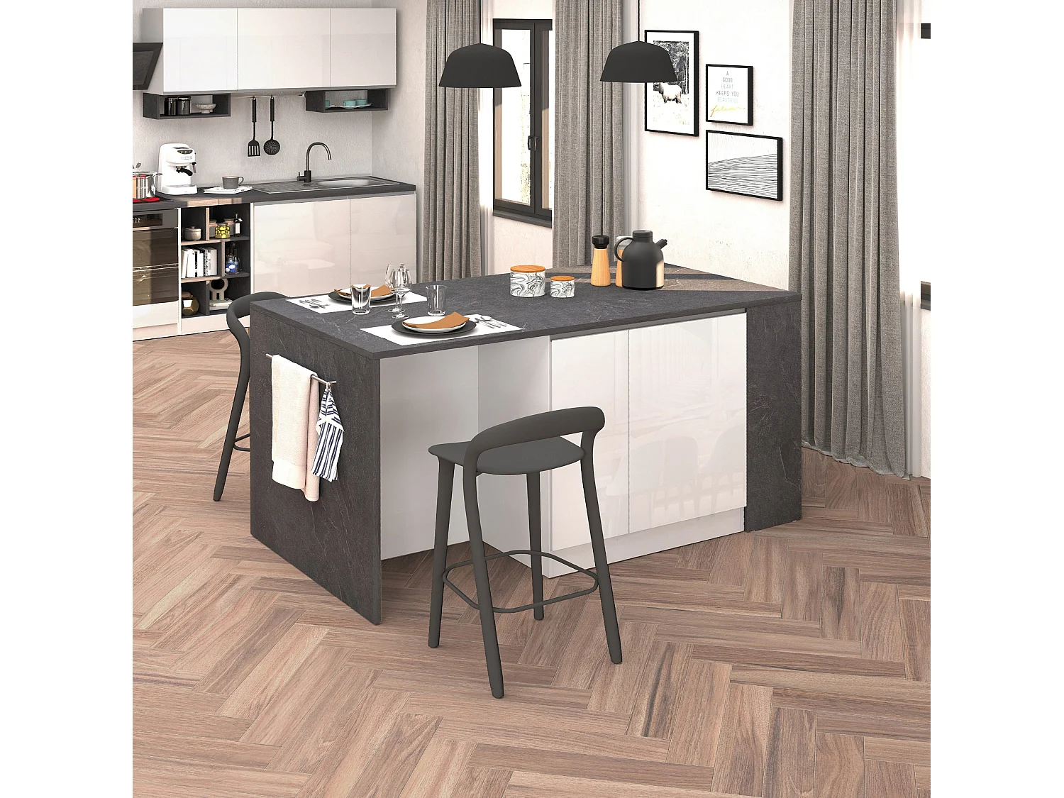Isla de cocina efecto madera blanco brillo/report 168x90x91 cm