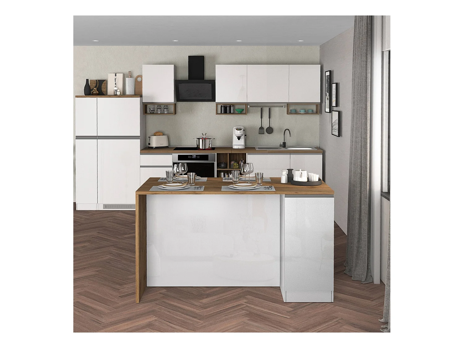 Isola da cucina Sole a 2 ante bianco lucido e rovere 160x90x90 cm