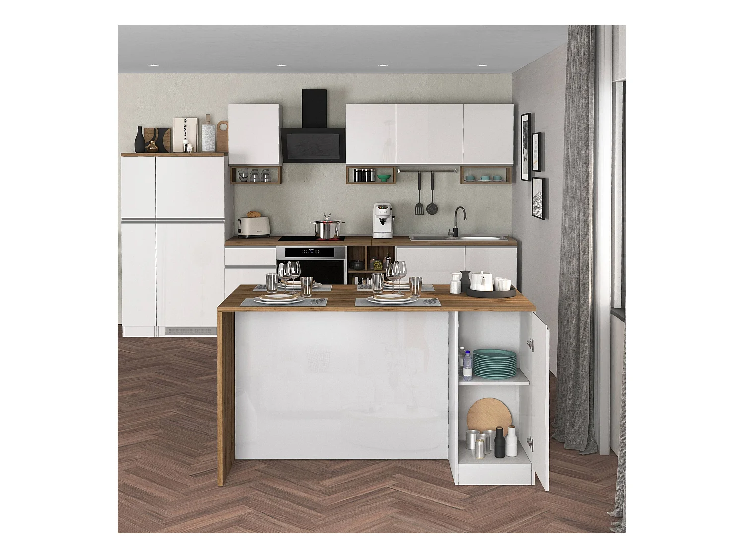 Isola da cucina Sole a 2 ante bianco lucido e rovere 160x90x90 cm