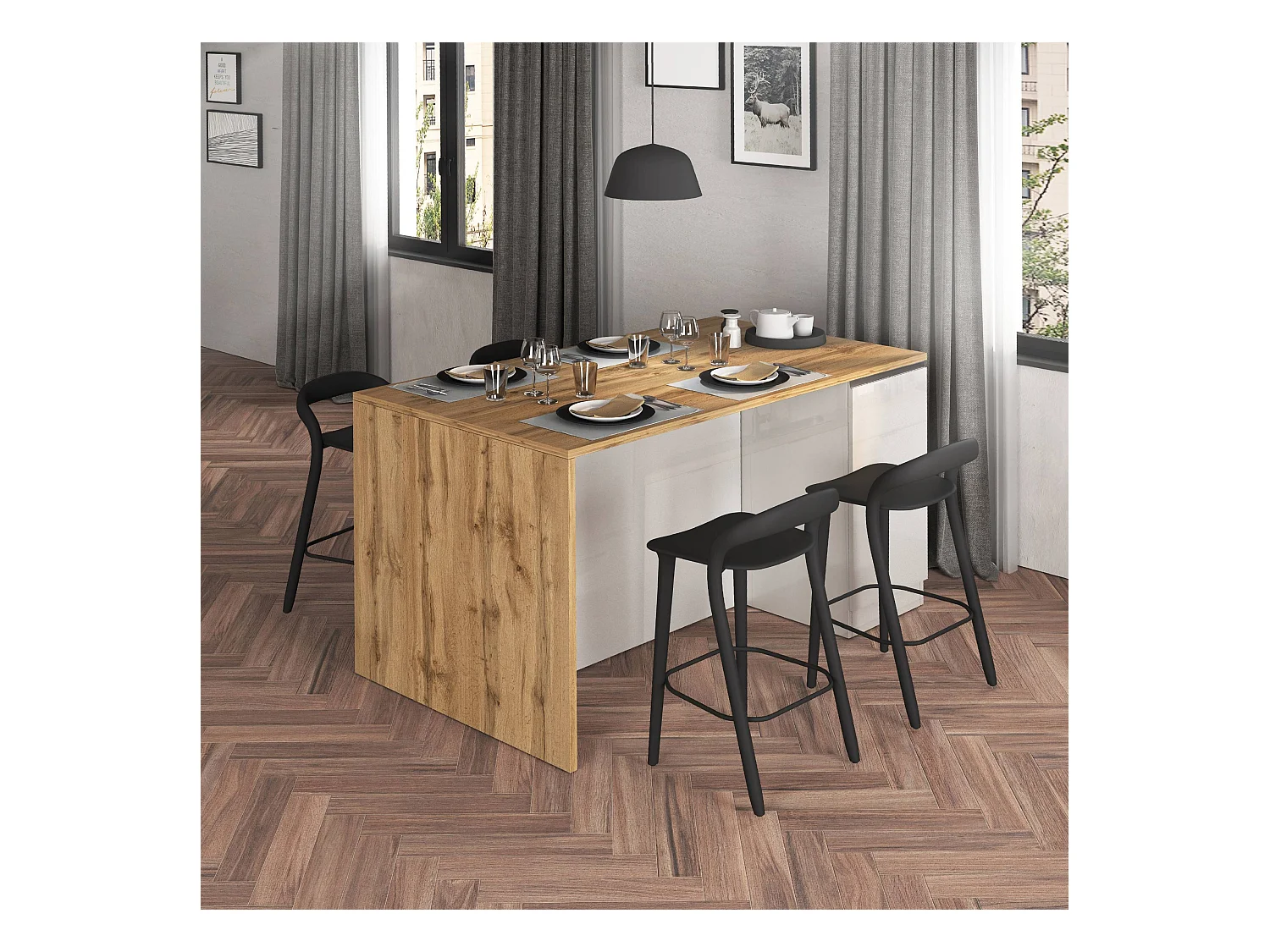 Isola da cucina Sole a 2 ante bianco lucido e rovere 160x90x90 cm