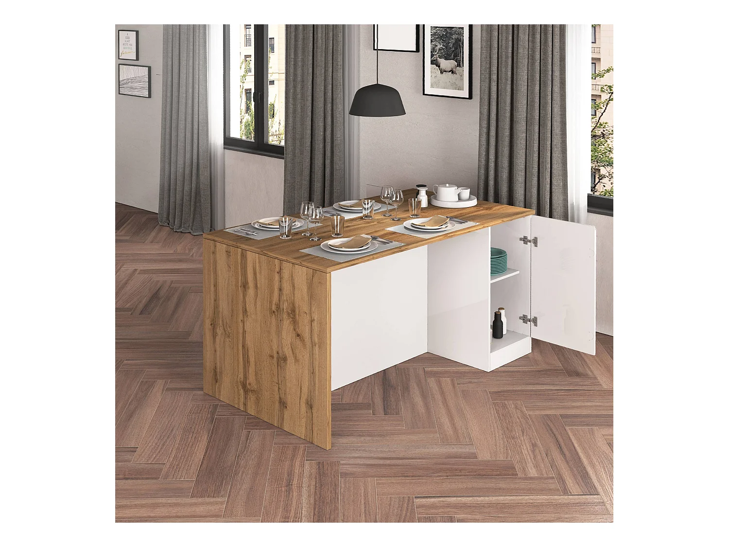 Isola da cucina Sole a 2 ante bianco lucido e rovere 160x90x90 cm