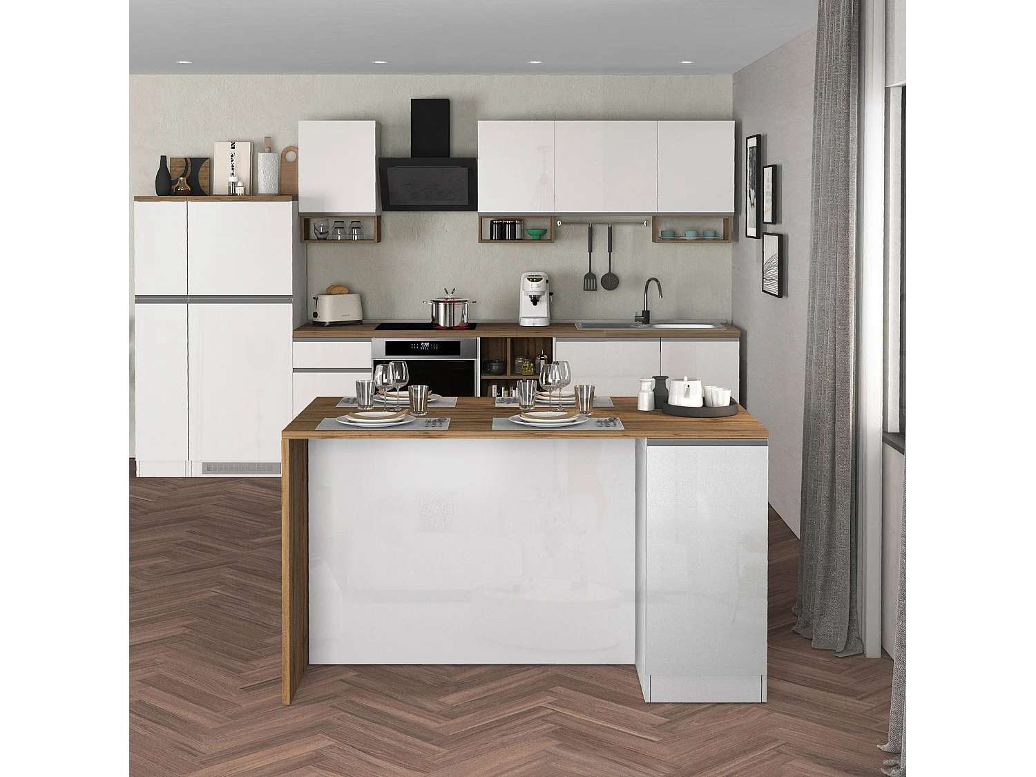 Isola da cucina Sole a 2 ante bianco lucido e rovere 160x90x90 cm