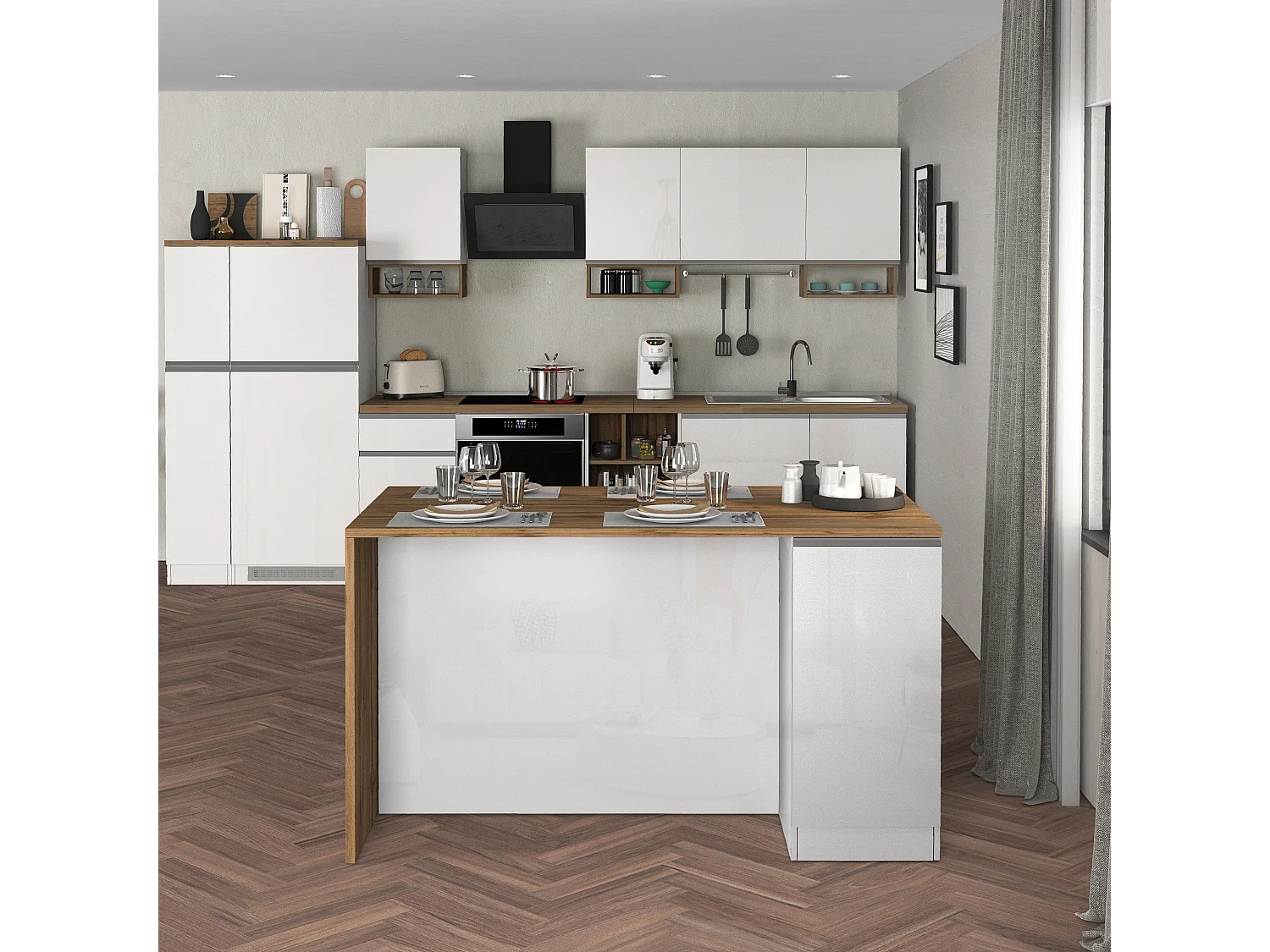 Îlot de cuisine Sole à 2 portes blanc brillant et chêne 160x90x90 cm