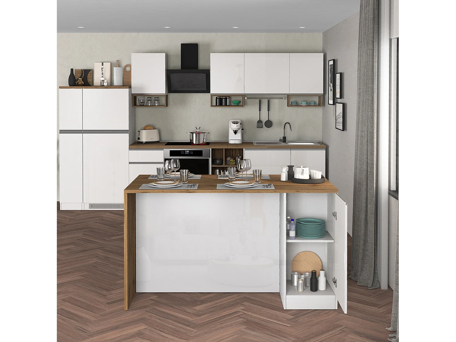 Îlot de cuisine Sole à 2 portes blanc brillant et chêne 160x90x90 cm