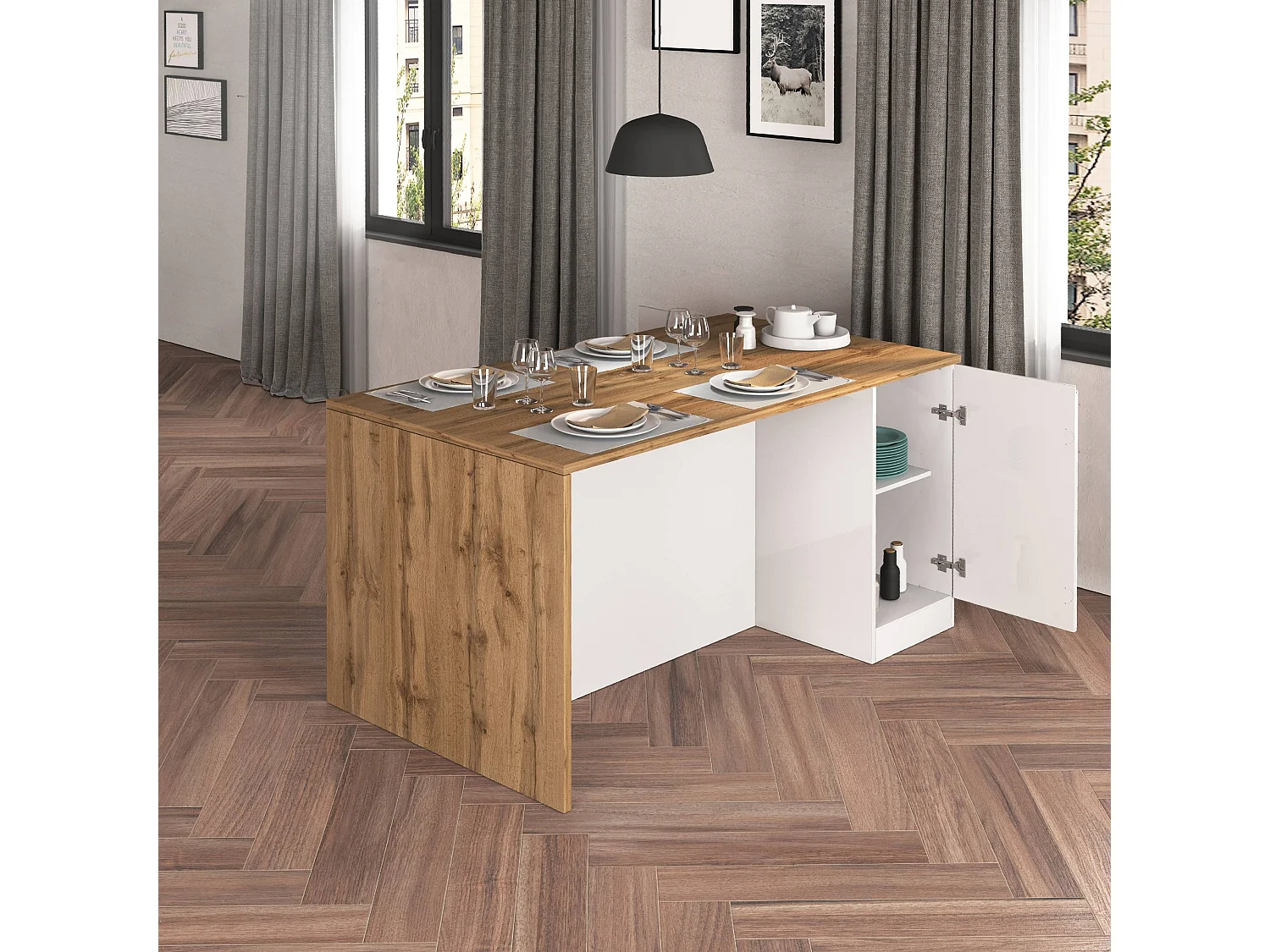 Îlot de cuisine Sole à 2 portes blanc brillant et chêne 160x90x90 cm