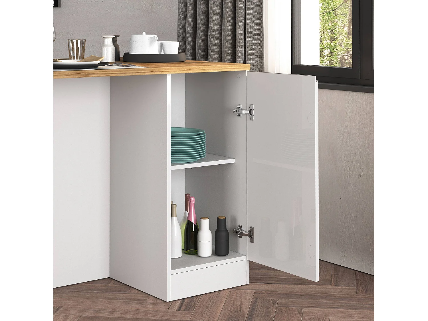 Îlot de cuisine Sole à 2 portes blanc brillant et chêne 160x90x90 cm