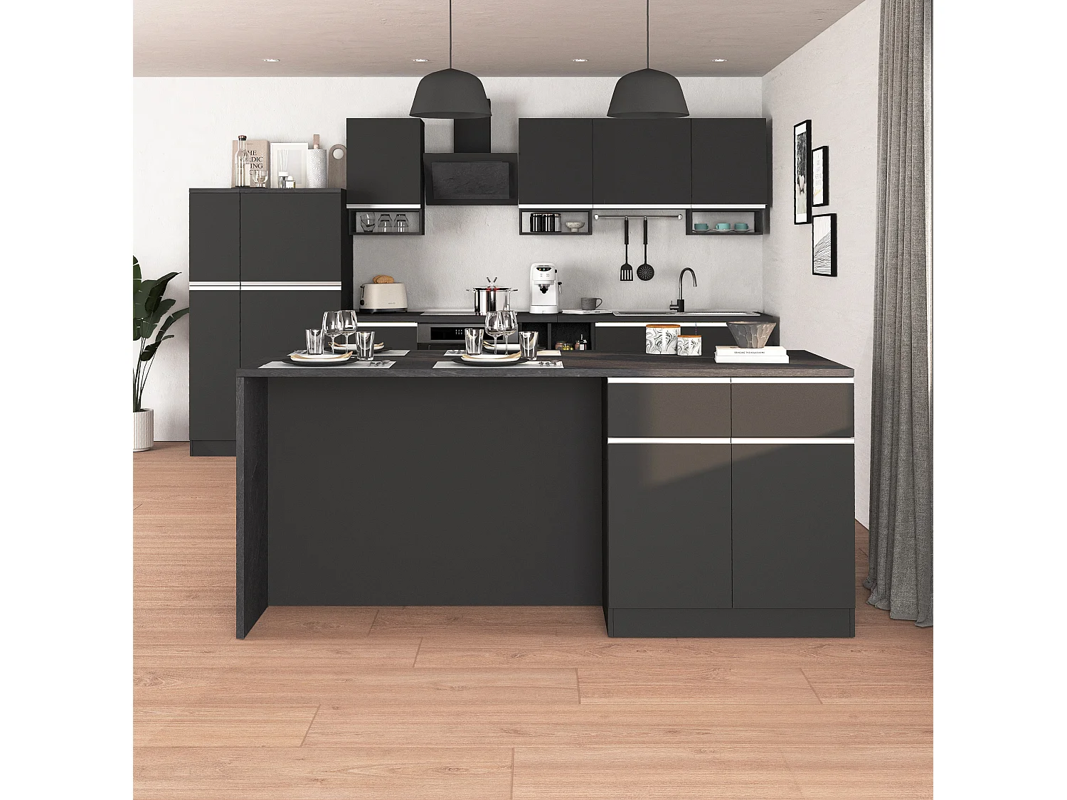 Isola da cucina Sole a 4 ante e 4 cassetti antracite opaco/report 200x90x90 cm
