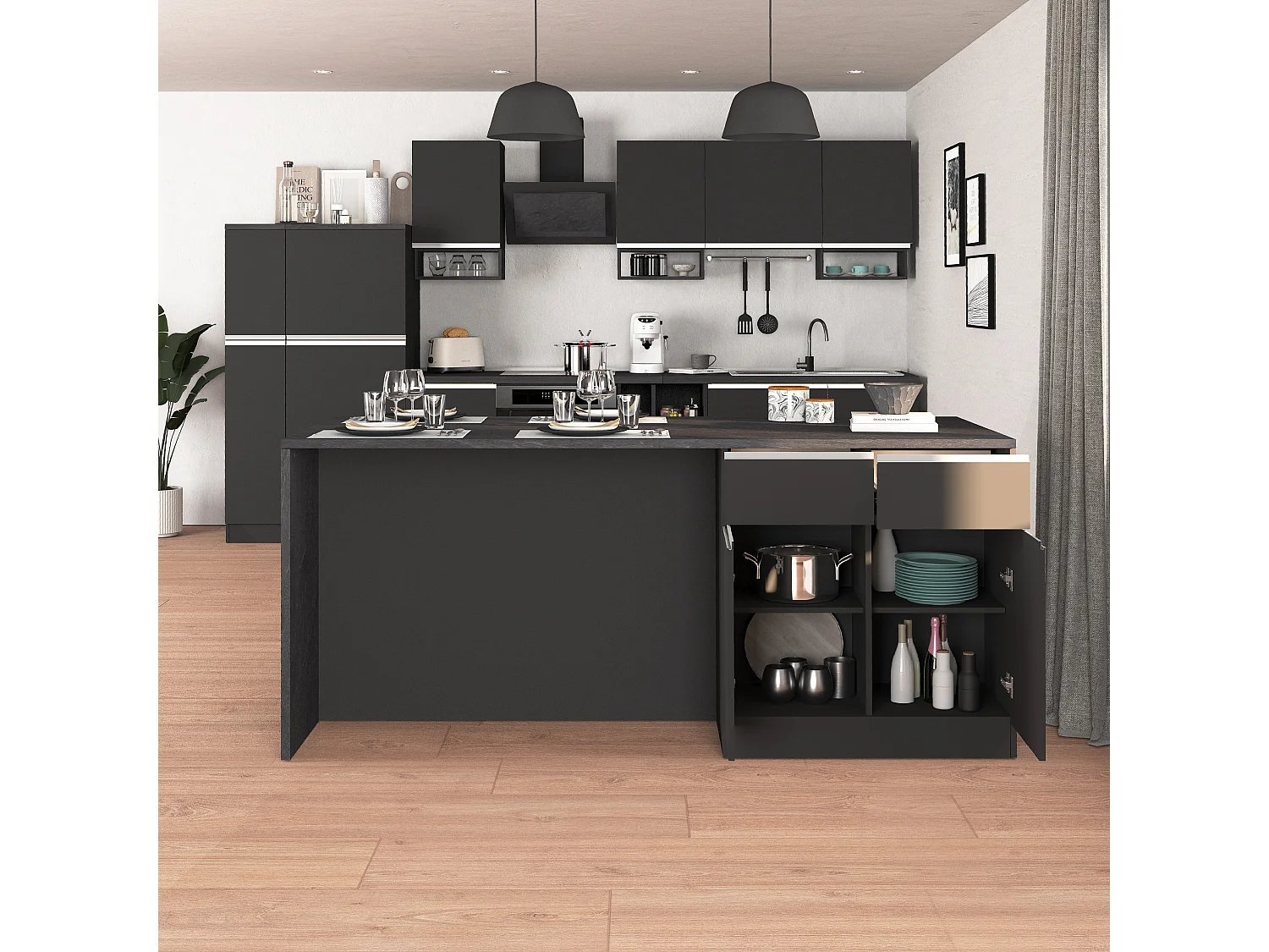 Isola da cucina Sole a 4 ante e 4 cassetti antracite opaco/report 200x90x90 cm