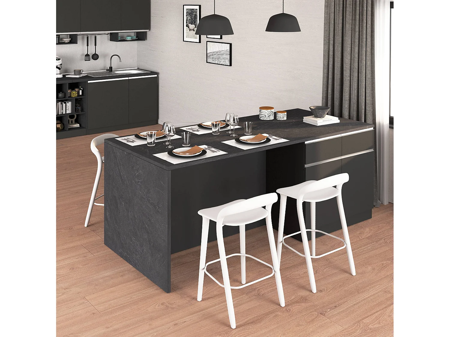 Isola da cucina Sole a 4 ante e 4 cassetti antracite opaco/report 200x90x90 cm