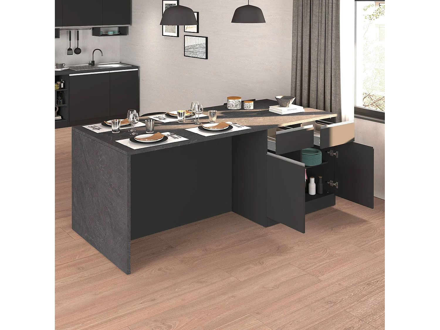 Isola da cucina Sole a 4 ante e 4 cassetti antracite opaco/report 200x90x90 cm