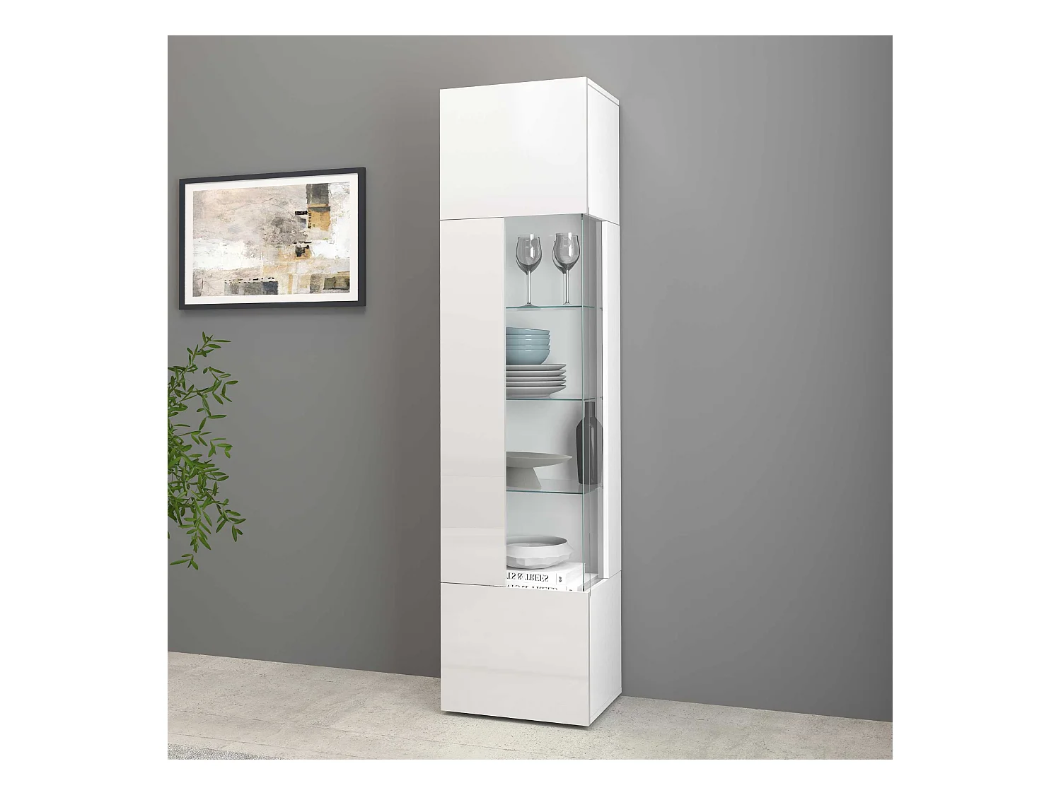 Vetrinetta espositiva Egypt con 1 anta e 5 ripiani bianco lucido 45x34x190 cm