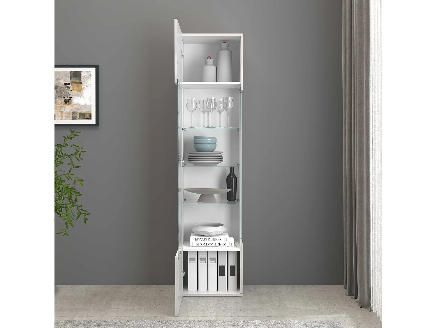 Vetrinetta espositiva Egypt con 1 anta e 5 ripiani bianco lucido 45x34x190 cm