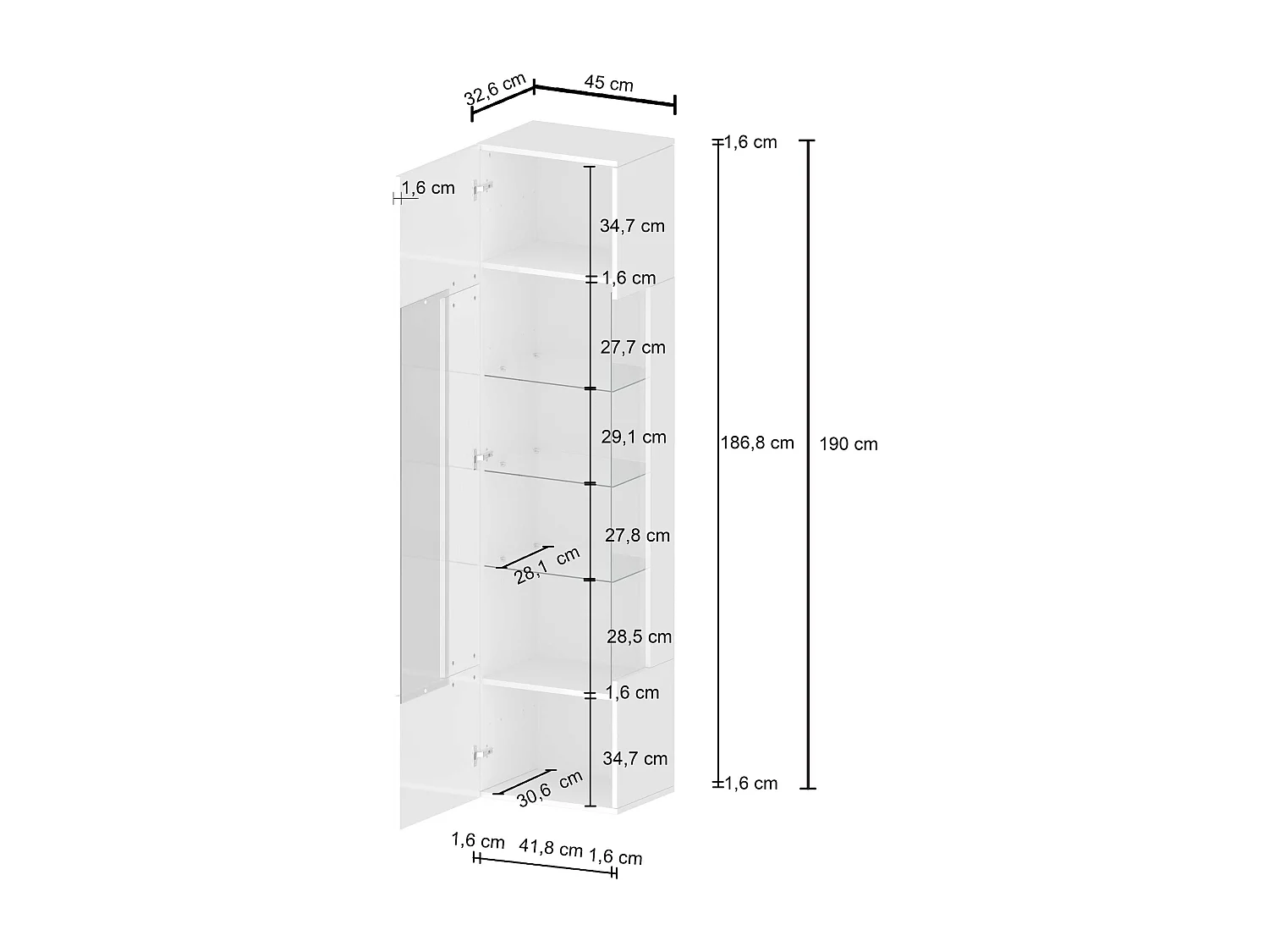 Vetrinetta espositiva Egypt con 1 anta e 5 ripiani bianco lucido 45x34x190 cm